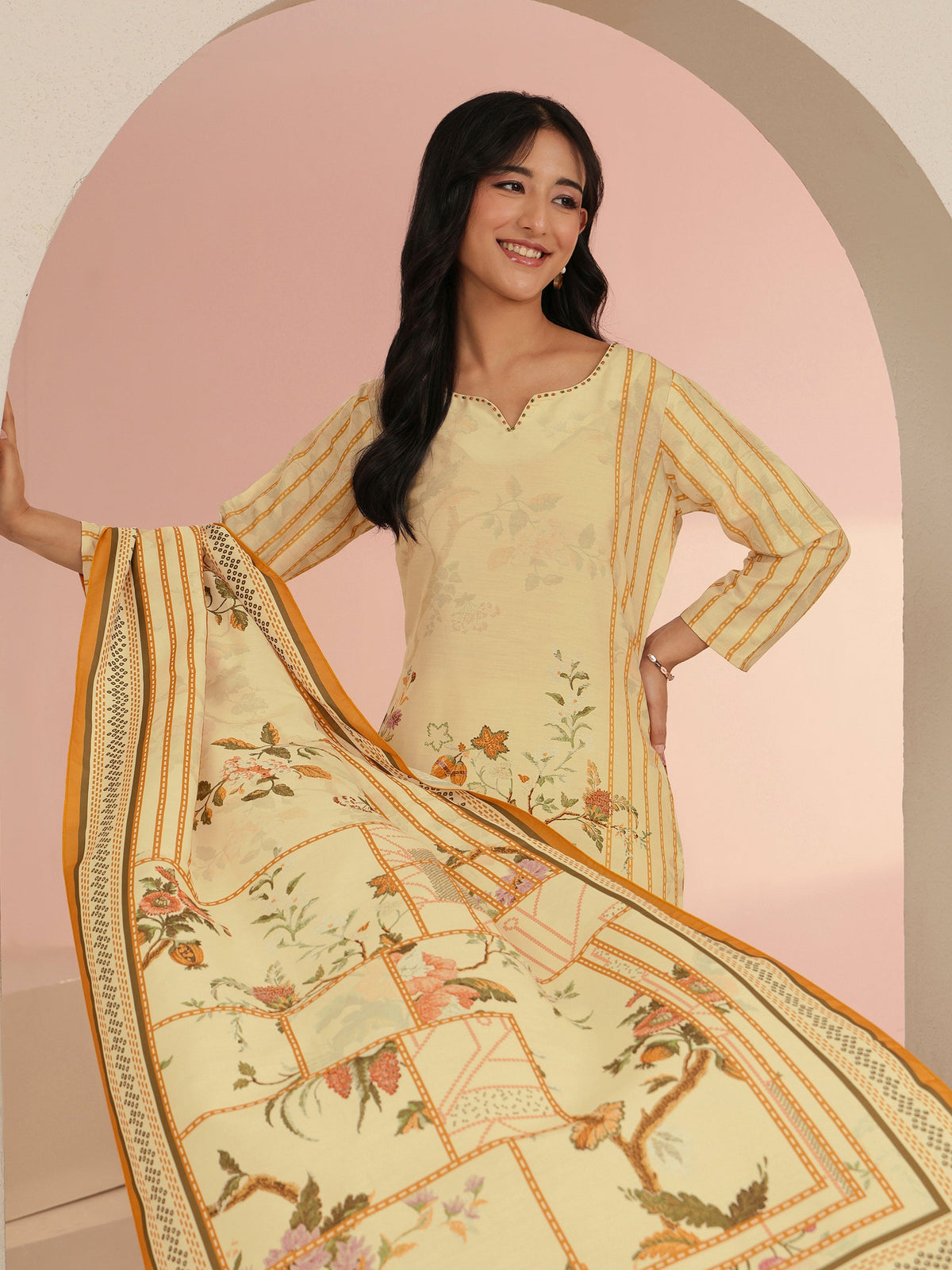 Anouk Beige Floral Print Muslin Straight Suit Set