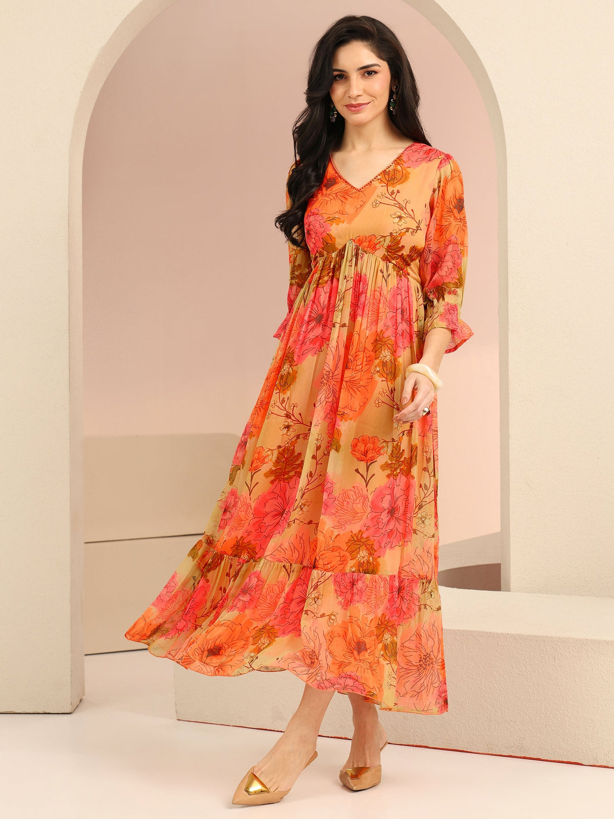 Anouk Beige Floral Printed Chiffon Empire Dress