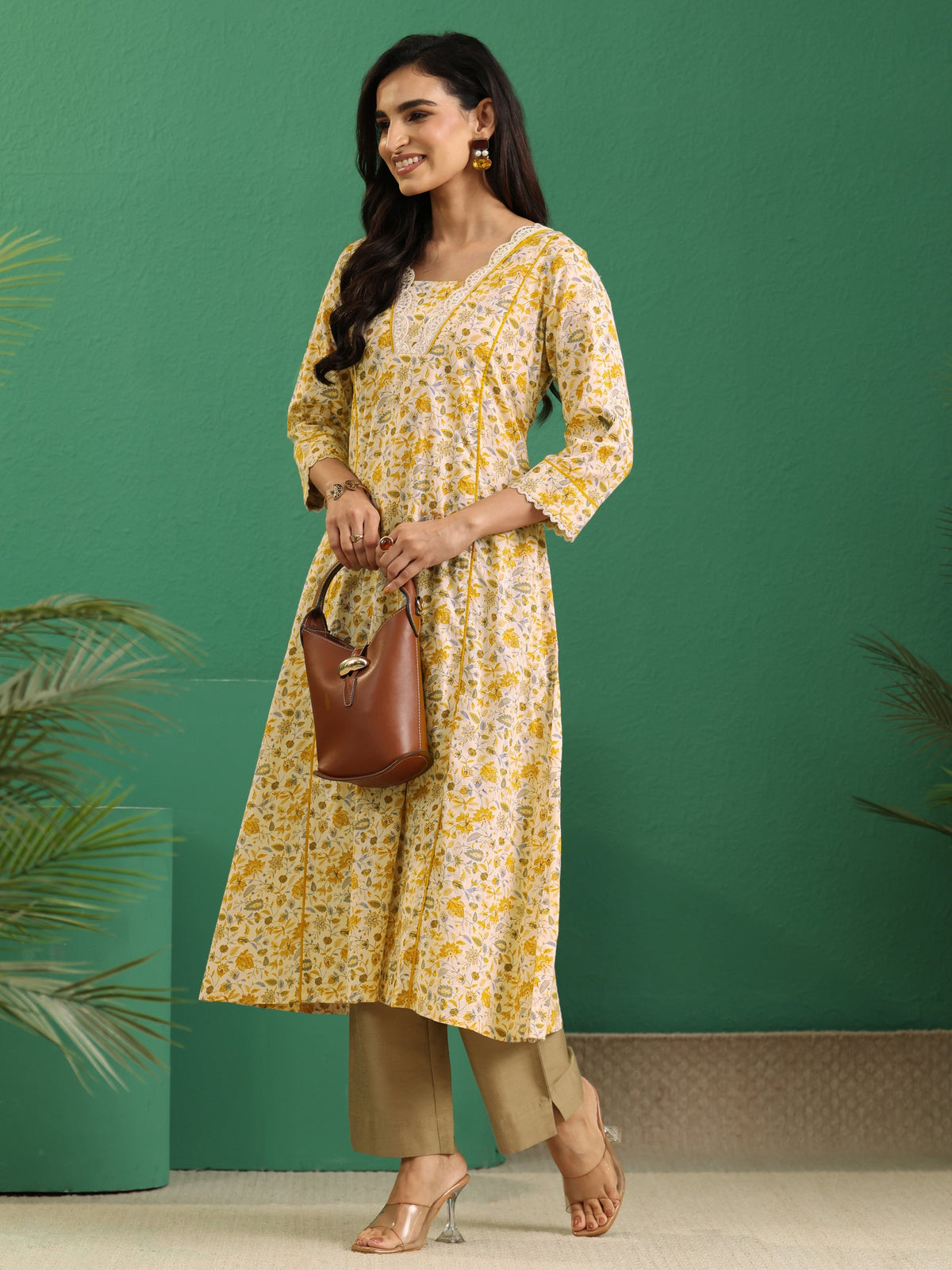 Anouk Beige Floral Printed Cotton A-Line Kurta