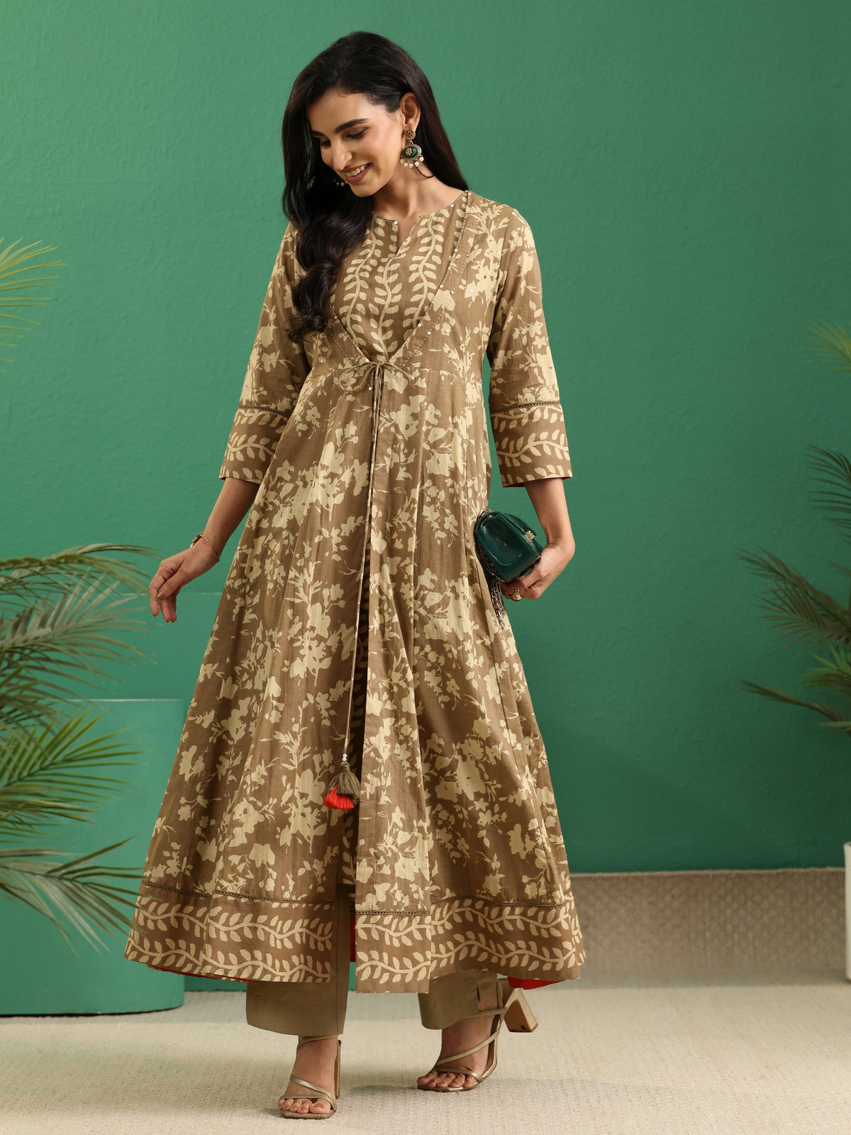Anouk Beige Floral Printed Cotton Kurta Set with Long Jacket