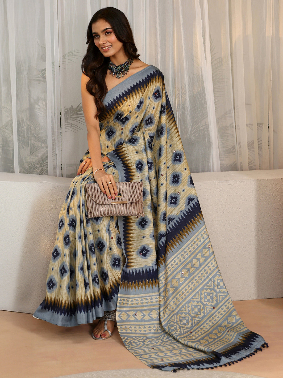 Anouk Beige Ikat Printed Cotton Blend Saree