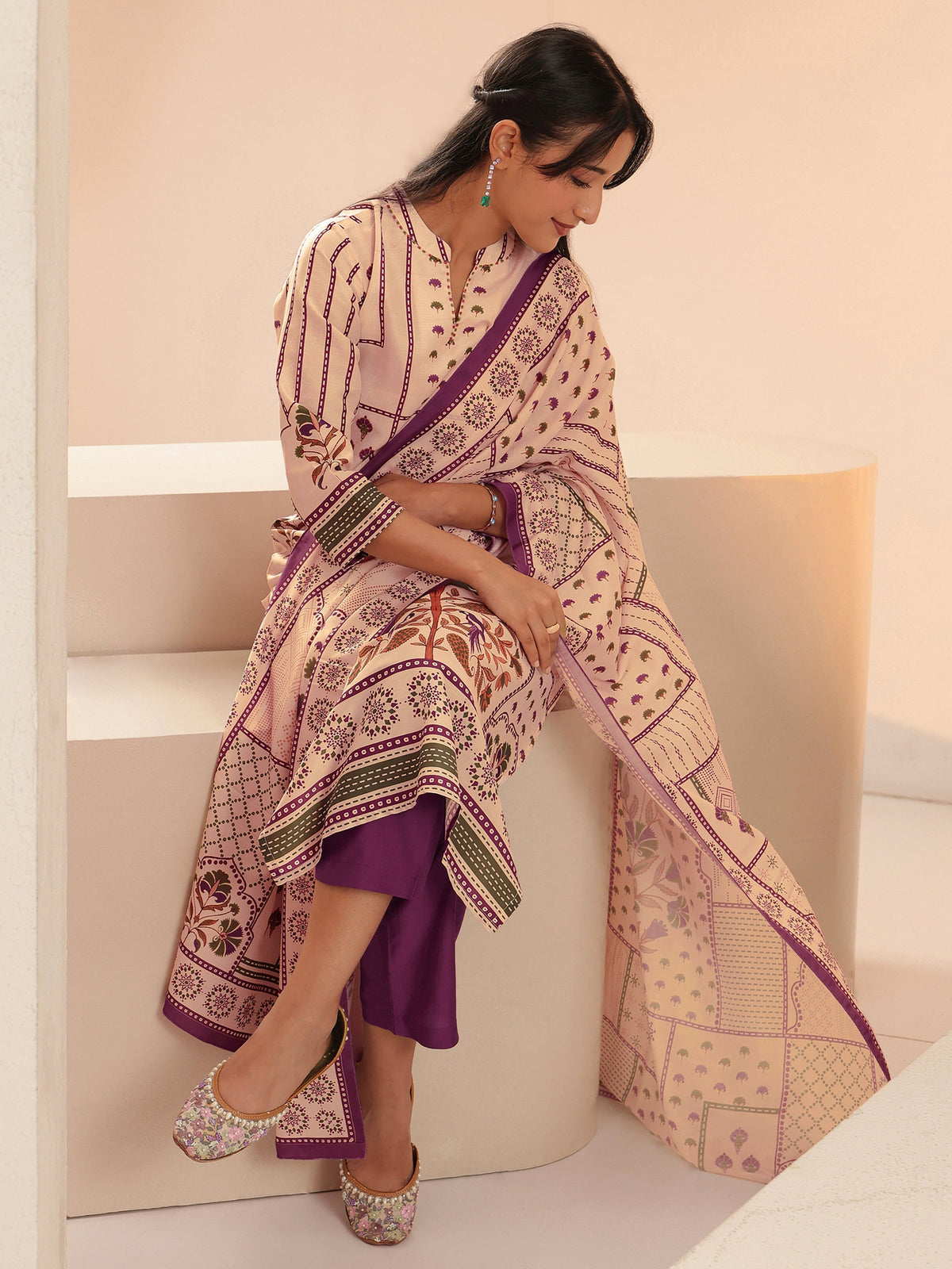 Anouk Beige Mughal Floral Printed Muslin Straight Suit Set