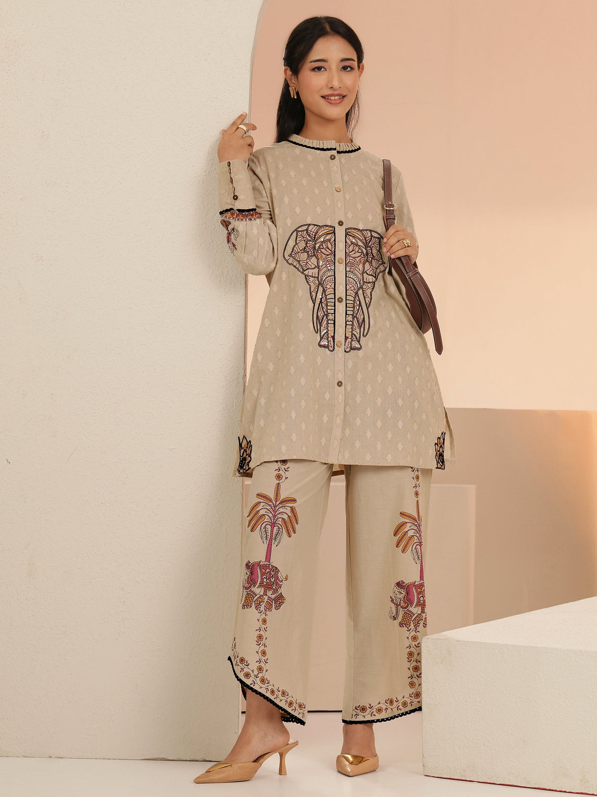 Anouk Beige Tribal Woven Design Cotton Blend A-Line Co-Ord Set