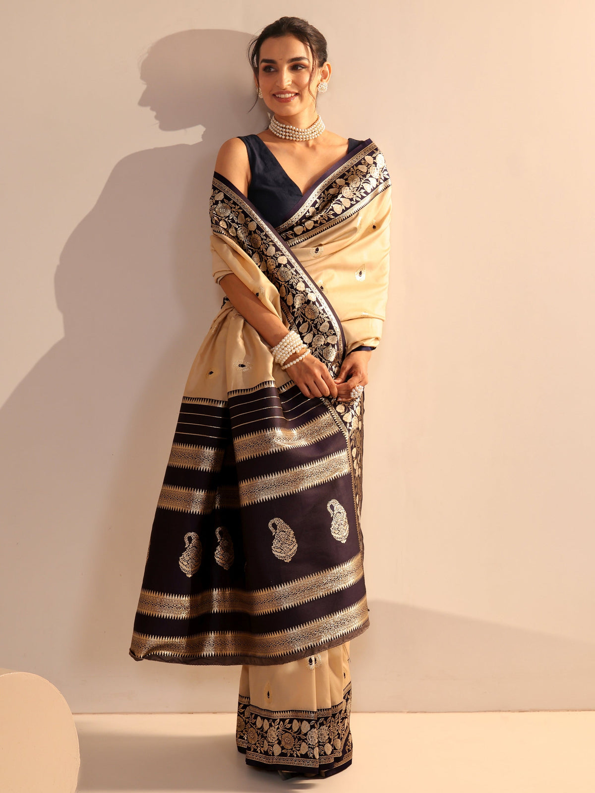Anouk Beige Woven Design Silk Blend Saree