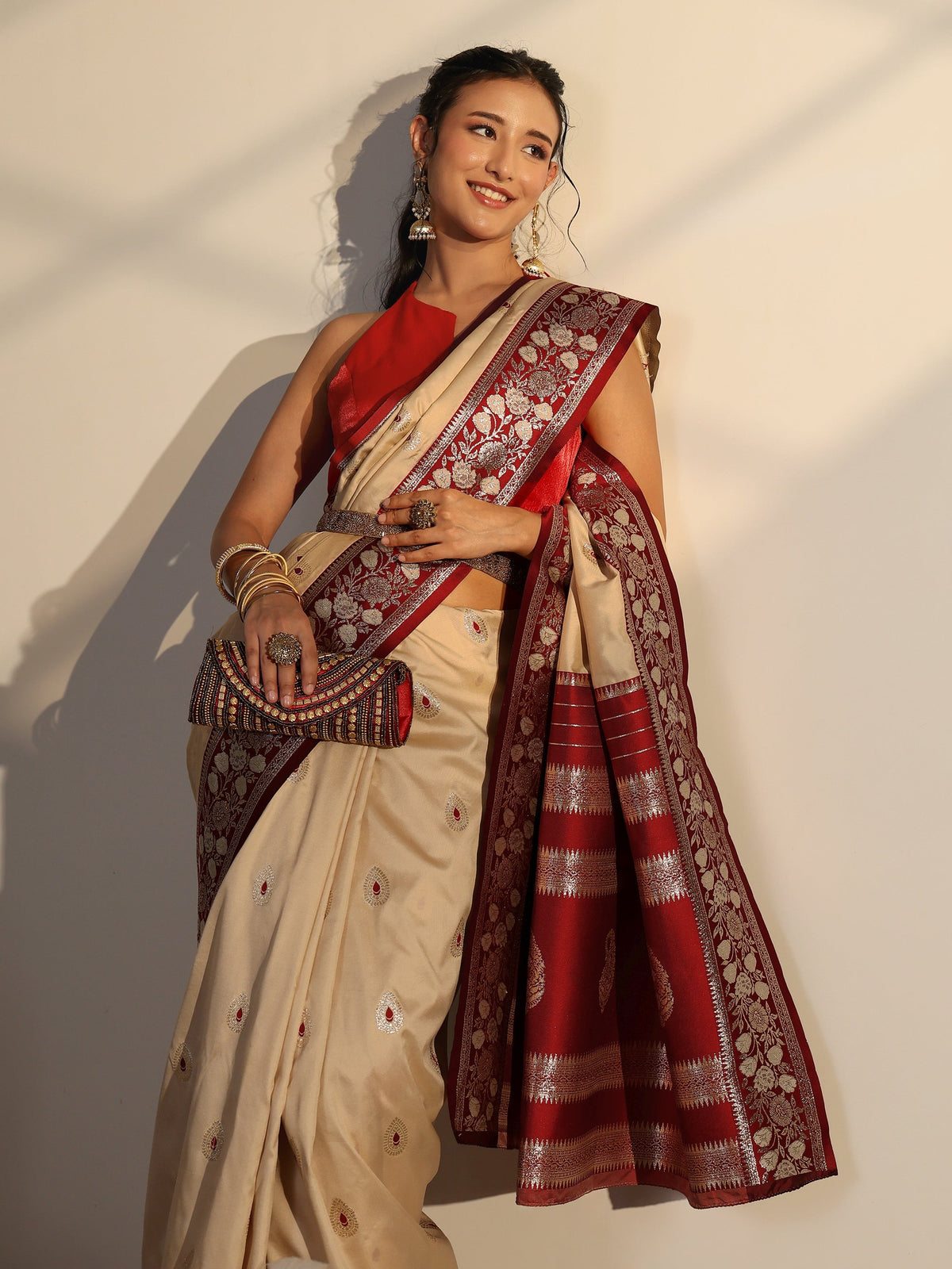Anouk Beige Woven Design Silk Blend Saree