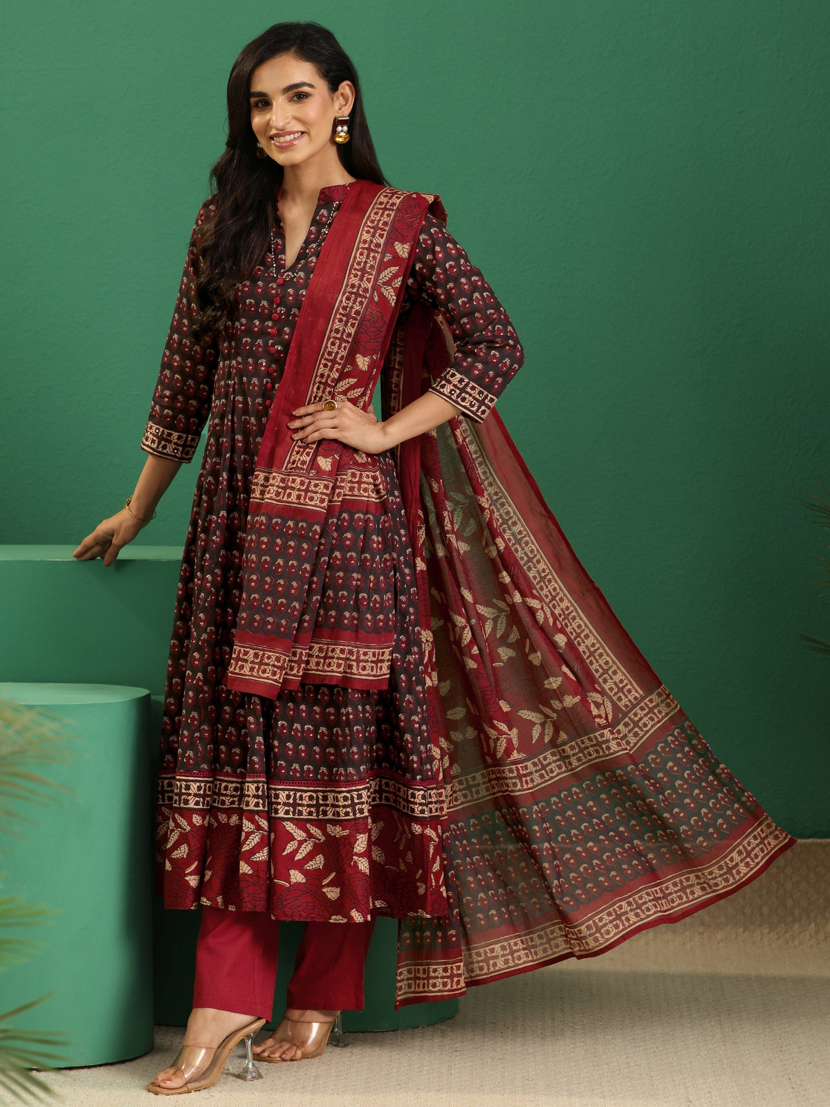 Anouk Black Ajrakh Cotton Anarkali Suit Set