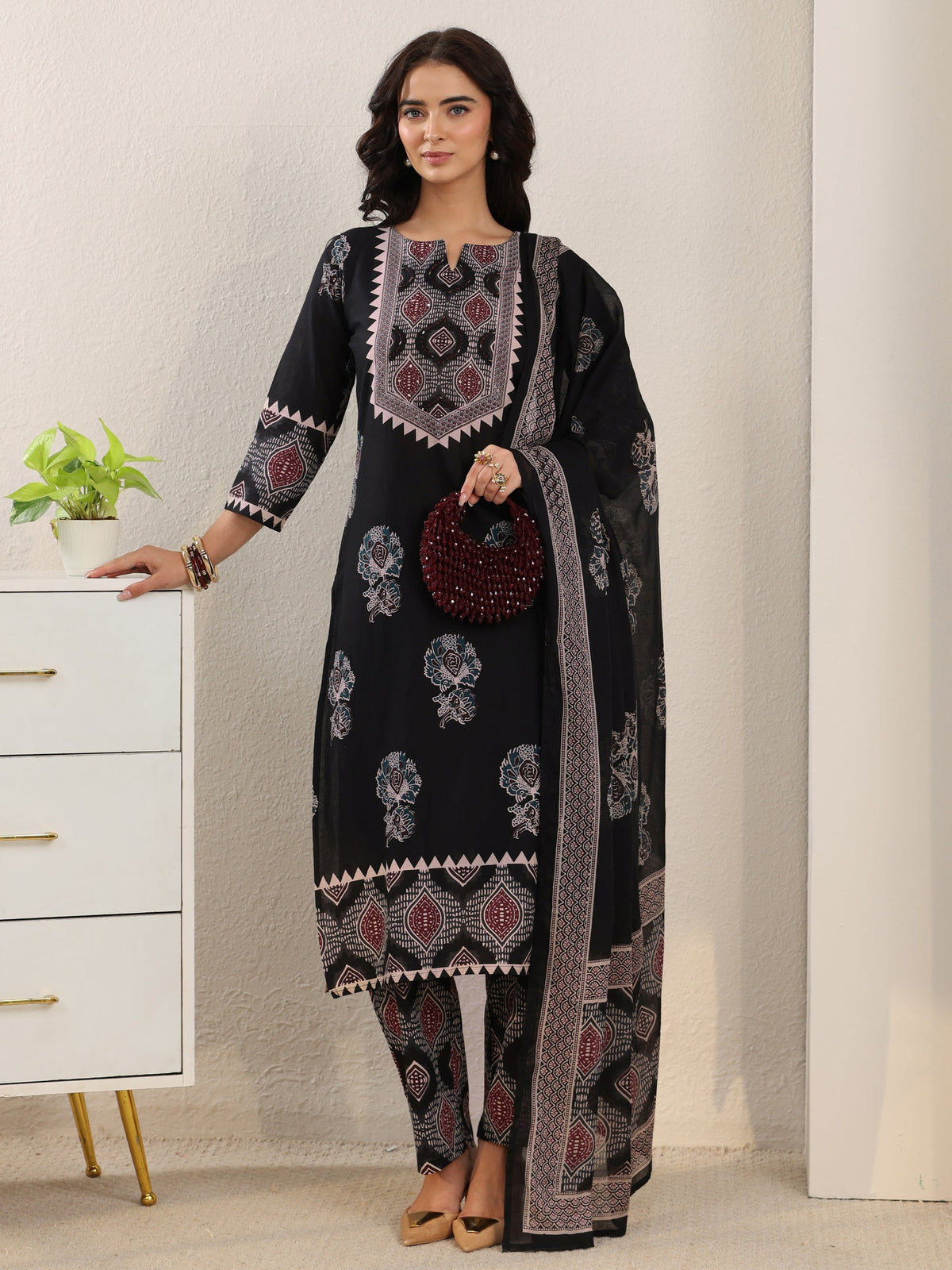Anouk Black Ajrakh Cotton Straight Suit Set