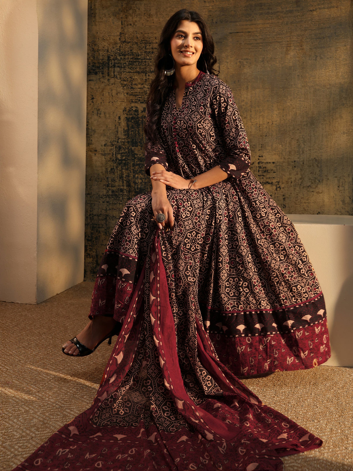 Anouk Black Ajrakh Printed Cotton Anarkali Suit Set