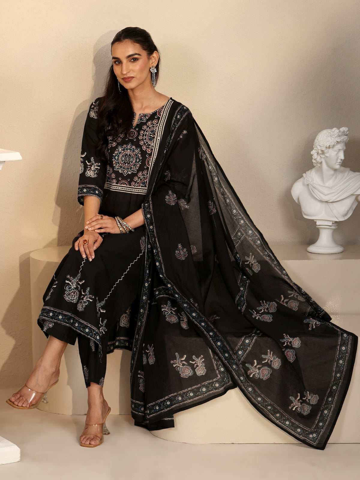 Anouk Black Ajrakh Printed Cotton Straight Suit Set