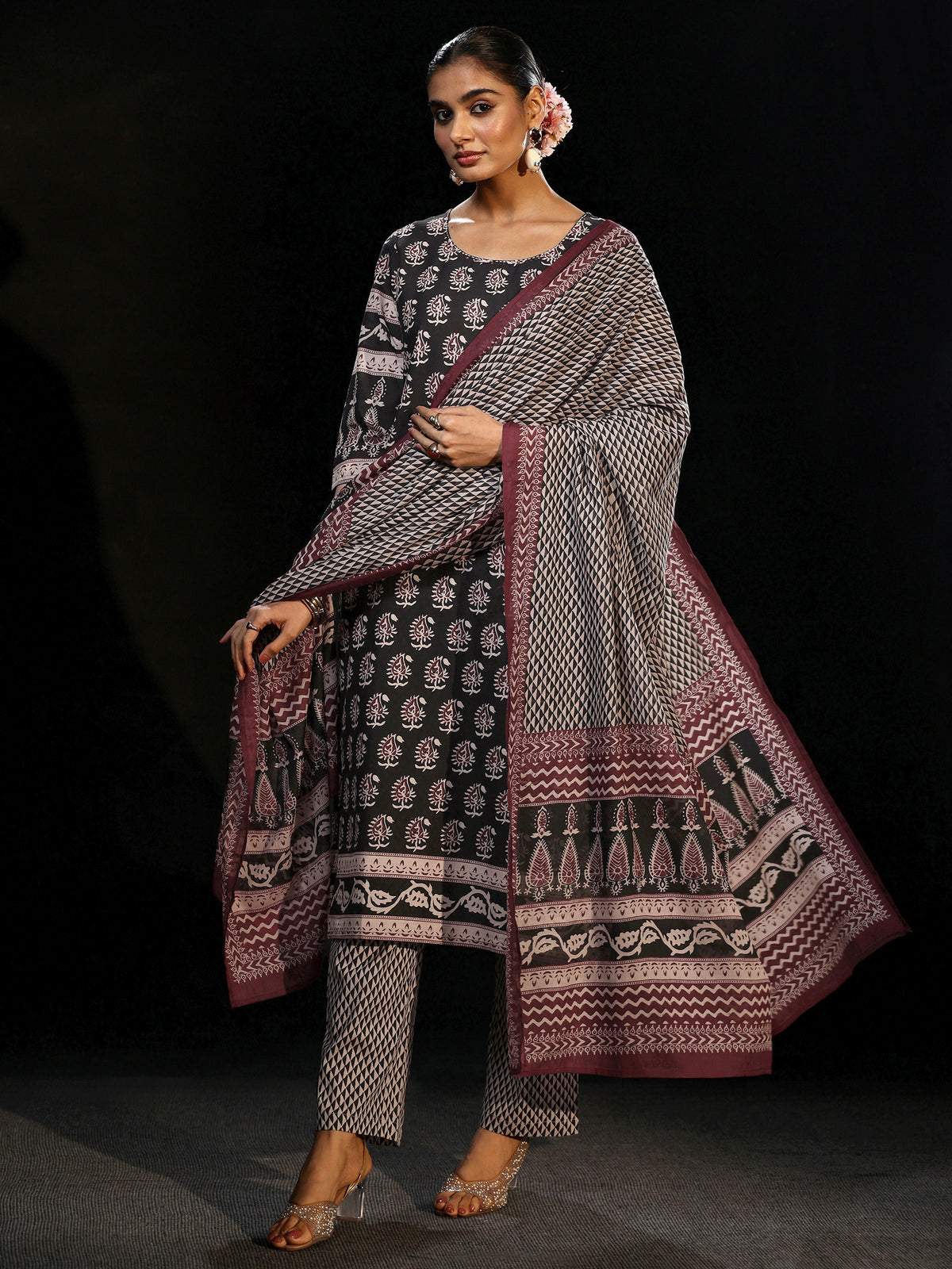 Anouk Black Ajrakh Printed Cotton Straight Suit Set