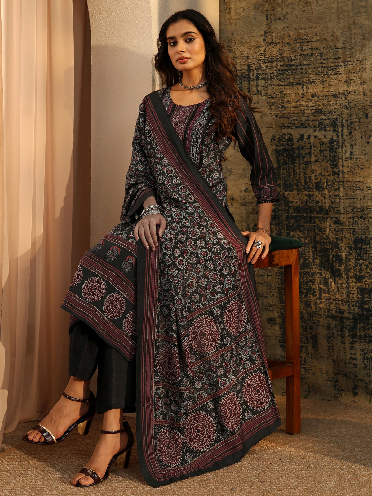 Anouk Black Ajrakh Silk Blend Straight Suit Set