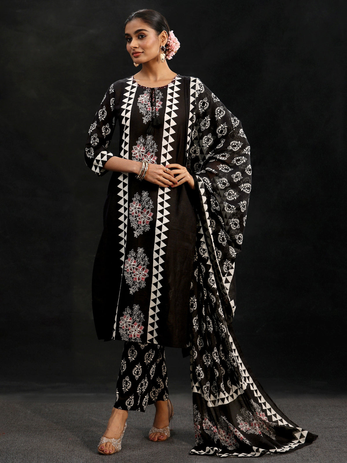 Anouk Black Block Print Cotton Straight Suit Set