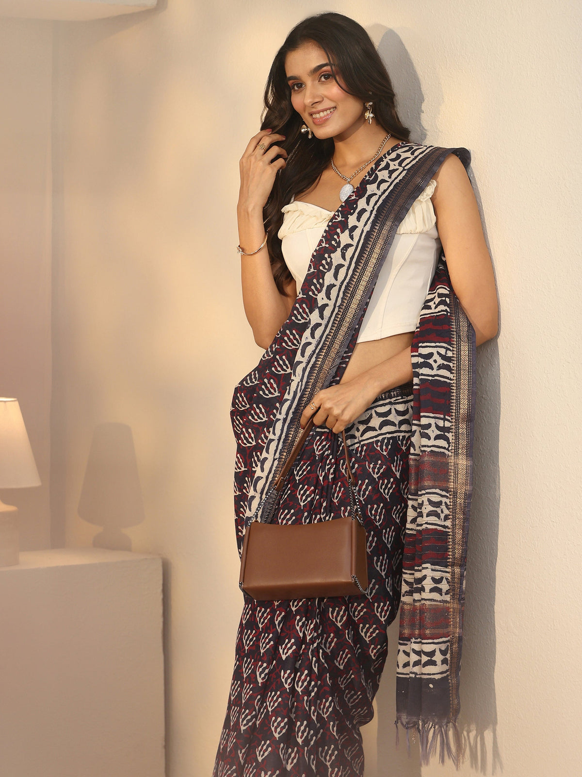 Anouk Black Dabu Print Cotton Saree