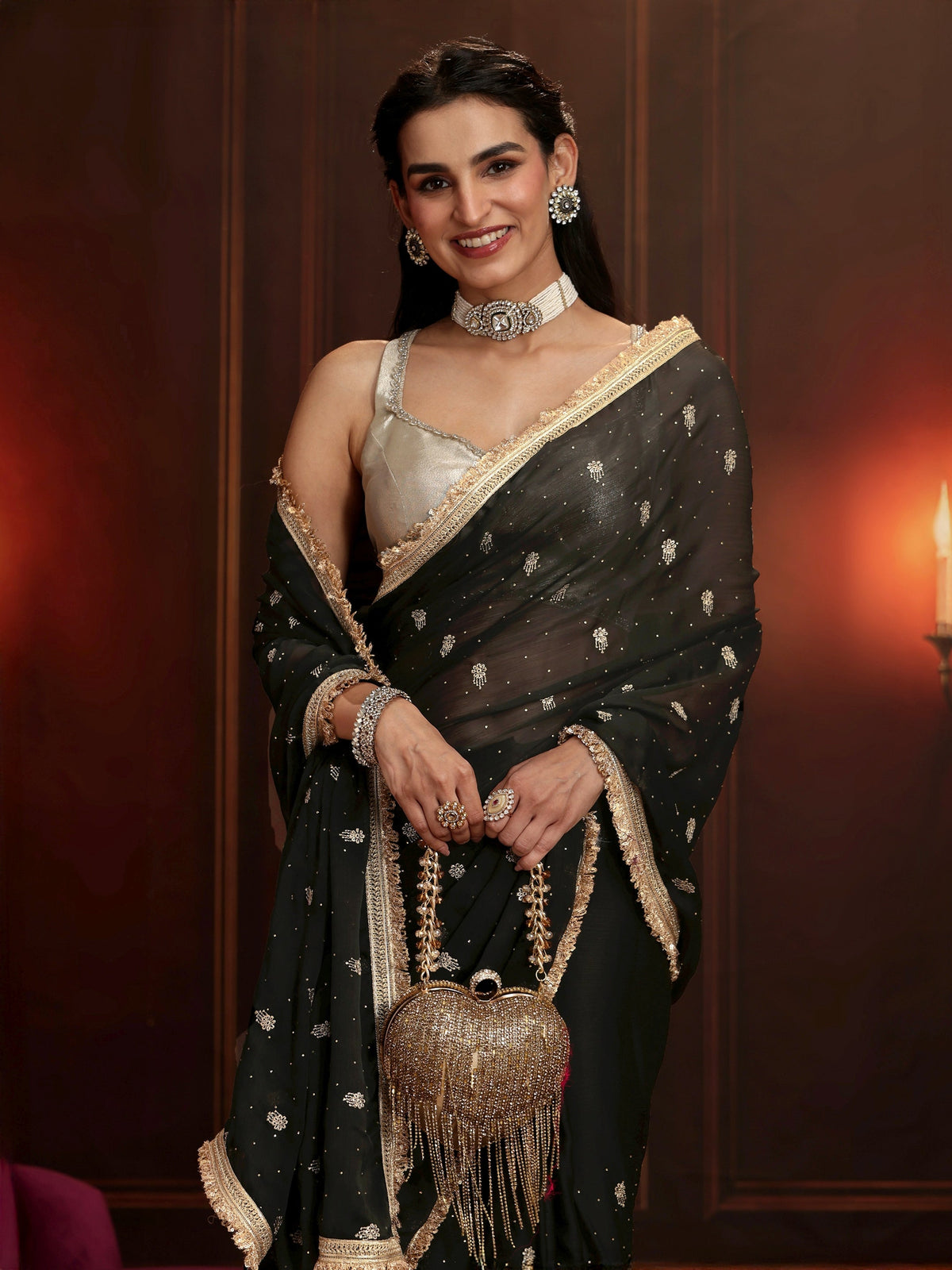 Anouk Black Embellished Satin Saree