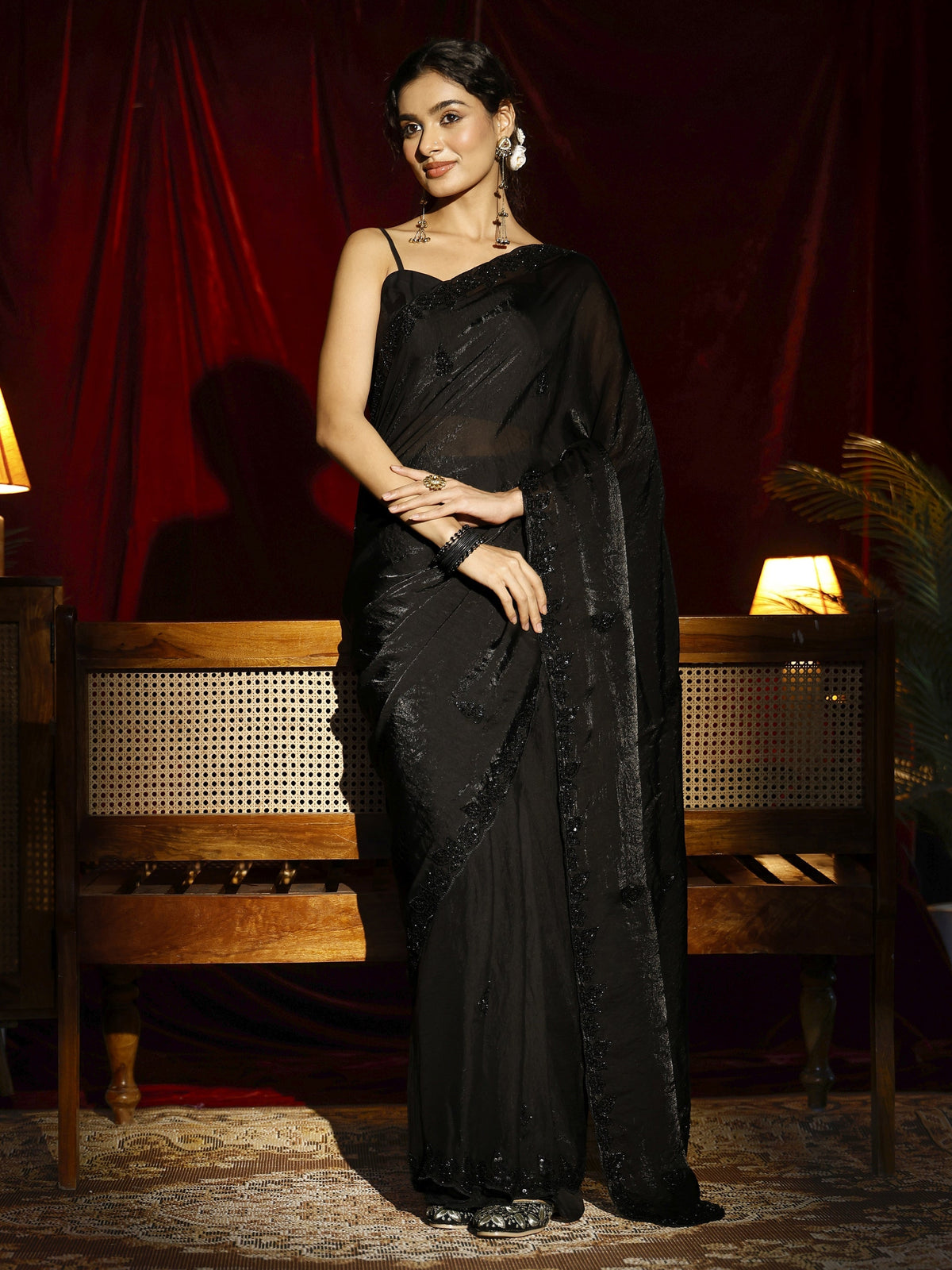 Anouk Black Embellished Tissue Saree