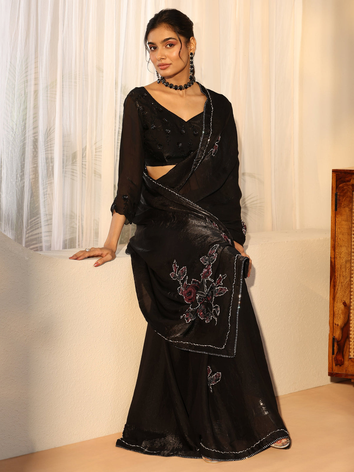 Anouk Black Floral Applique Design Satin Saree