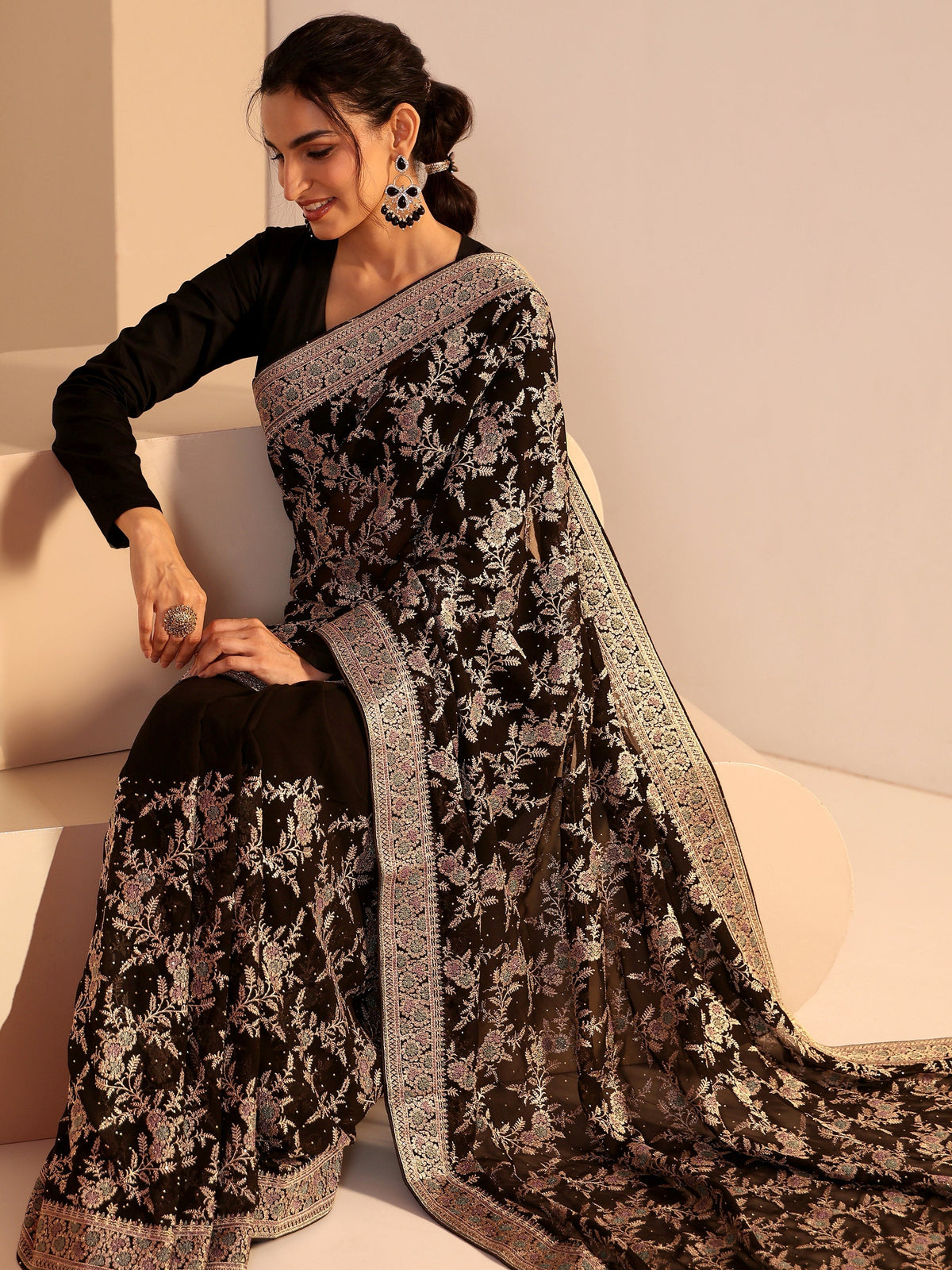 Anouk Black Floral Embroidered Georgette Saree