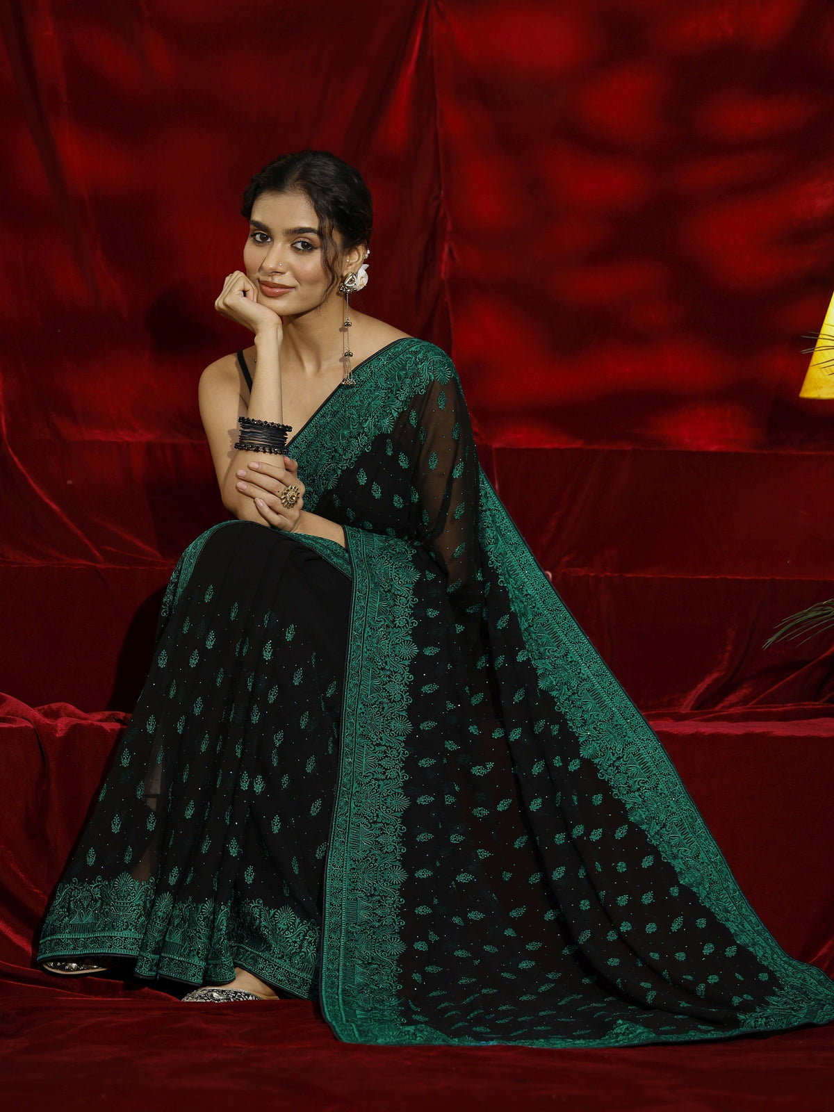 Anouk Black Floral Embroidered Georgette Saree