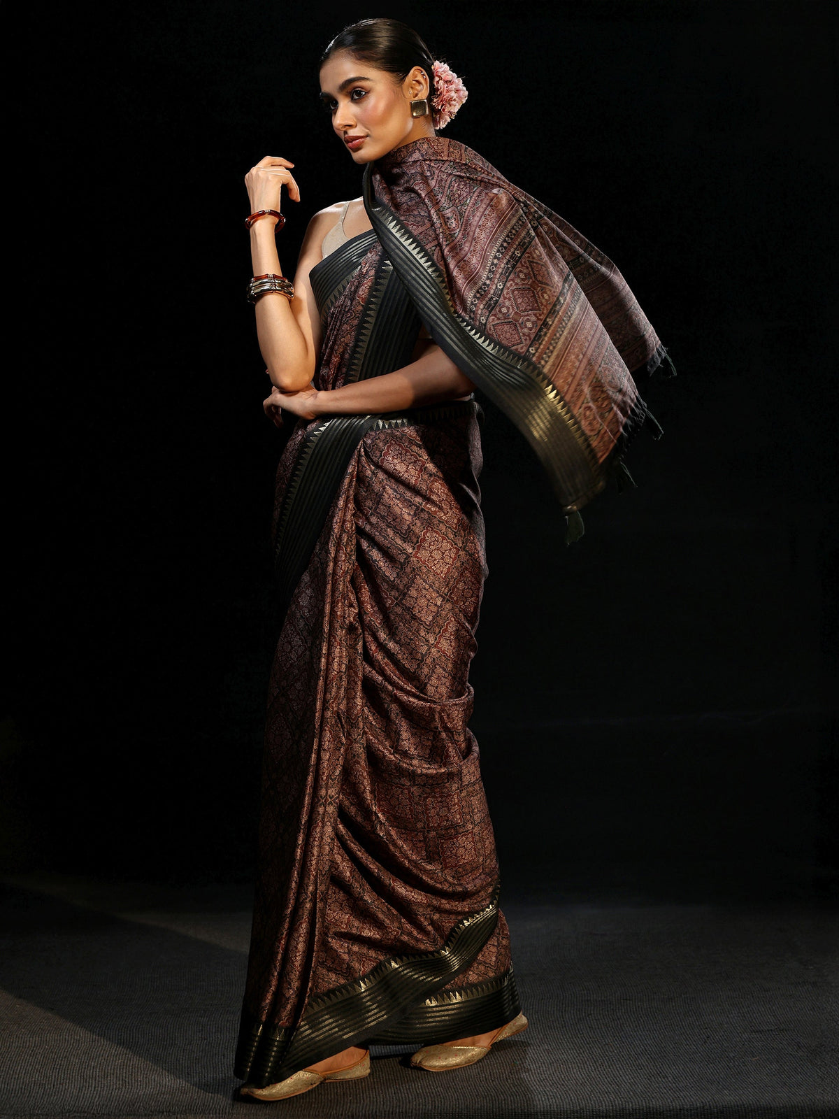 Anouk Black Floral Foil Printed Silk Blend Saree