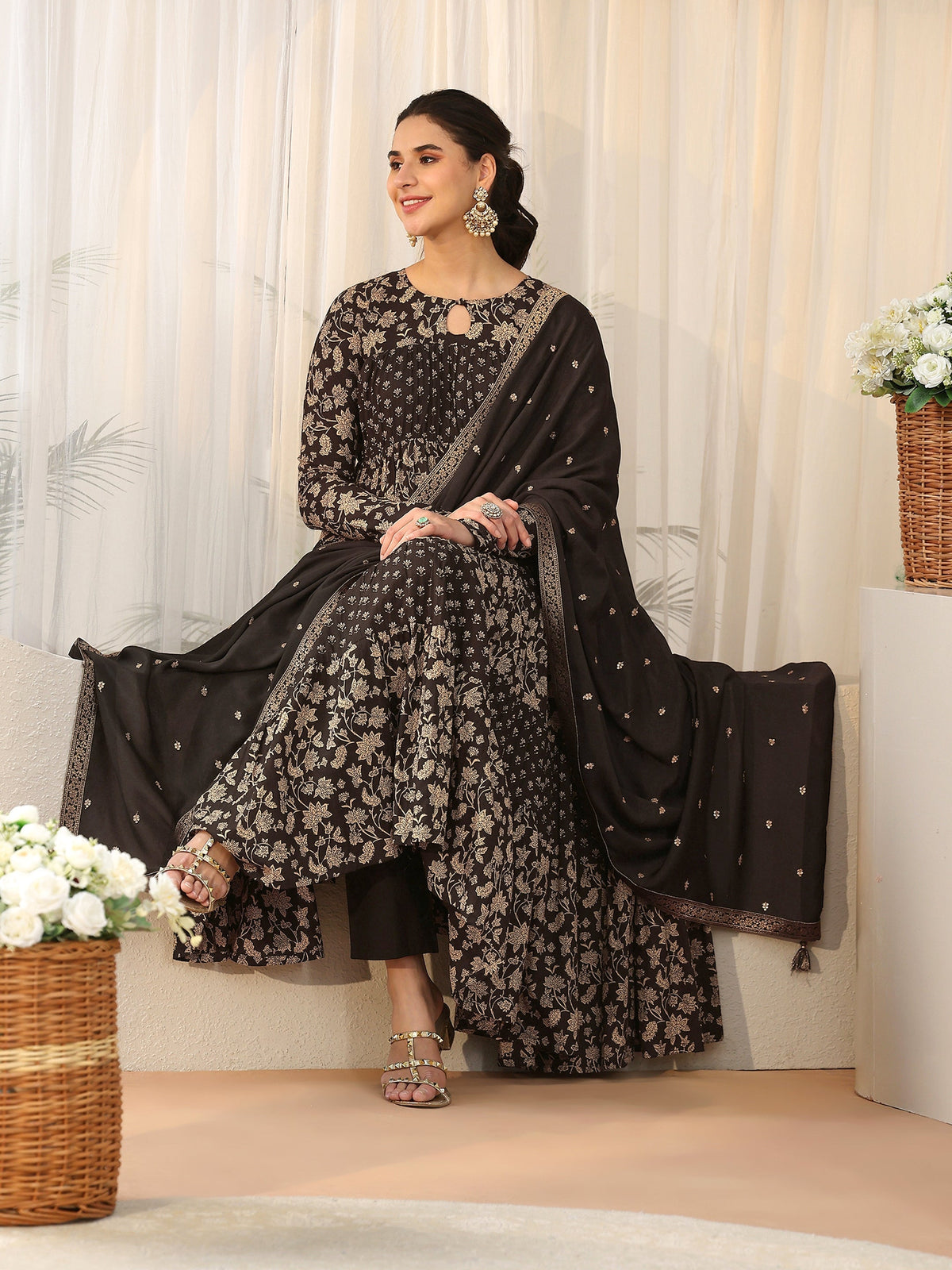 Anouk Black Floral Printed Cotton Anarkali Suit Set