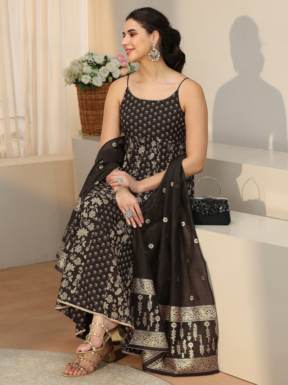 Anouk Black Floral Printed Strappy Cotton Anarkali Suit Set