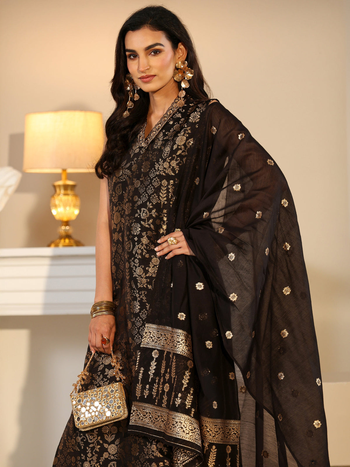 Anouk Black Floral Woven Design Silk Blend Straight Suit Set