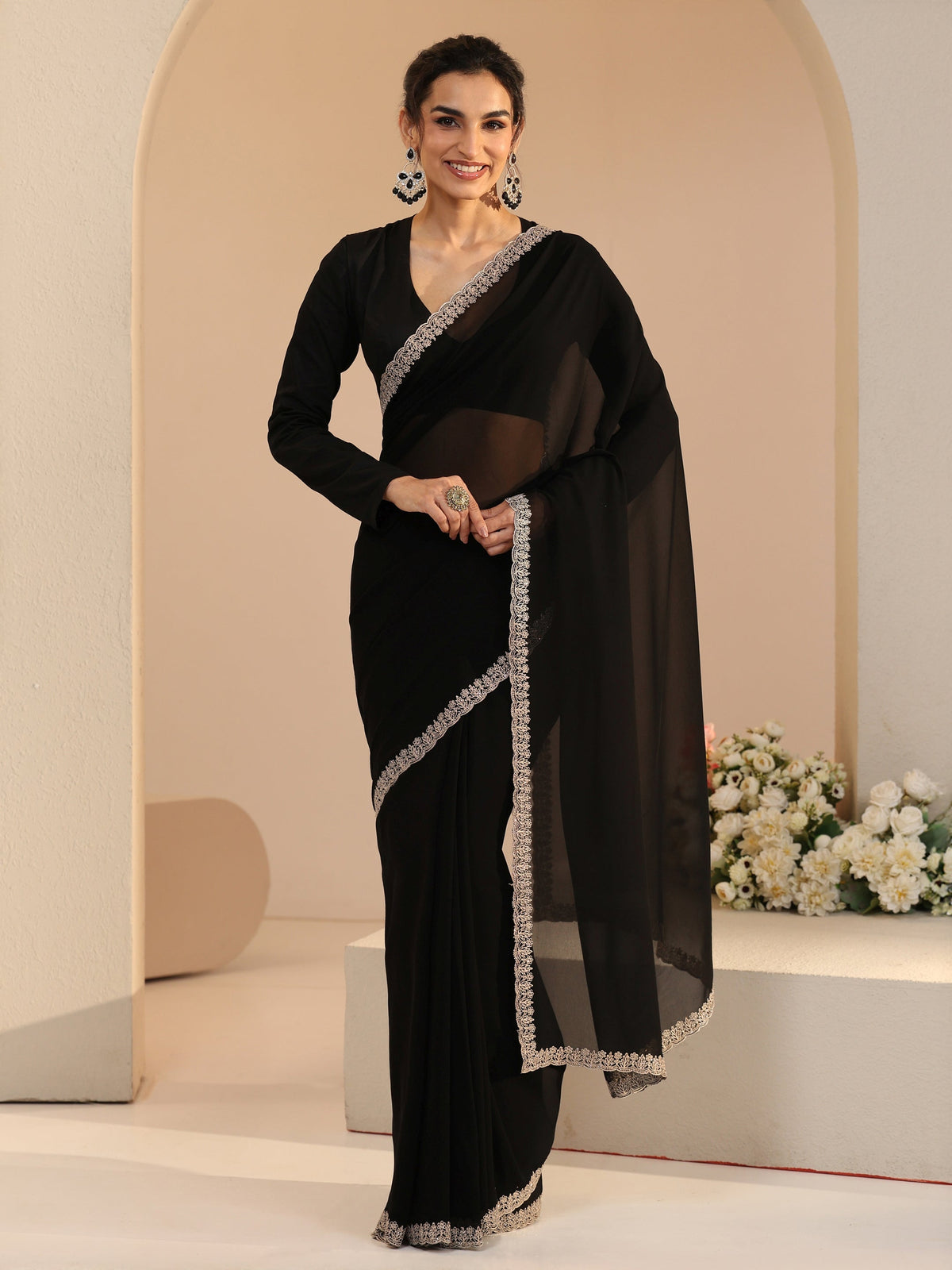 Anouk Black Georgette Saree with Embroidered Border