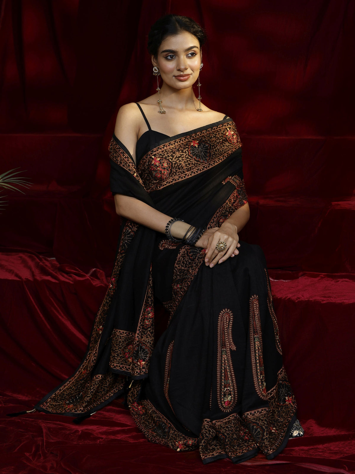 Anouk Black Paisley Embroidered Silk blend Saree