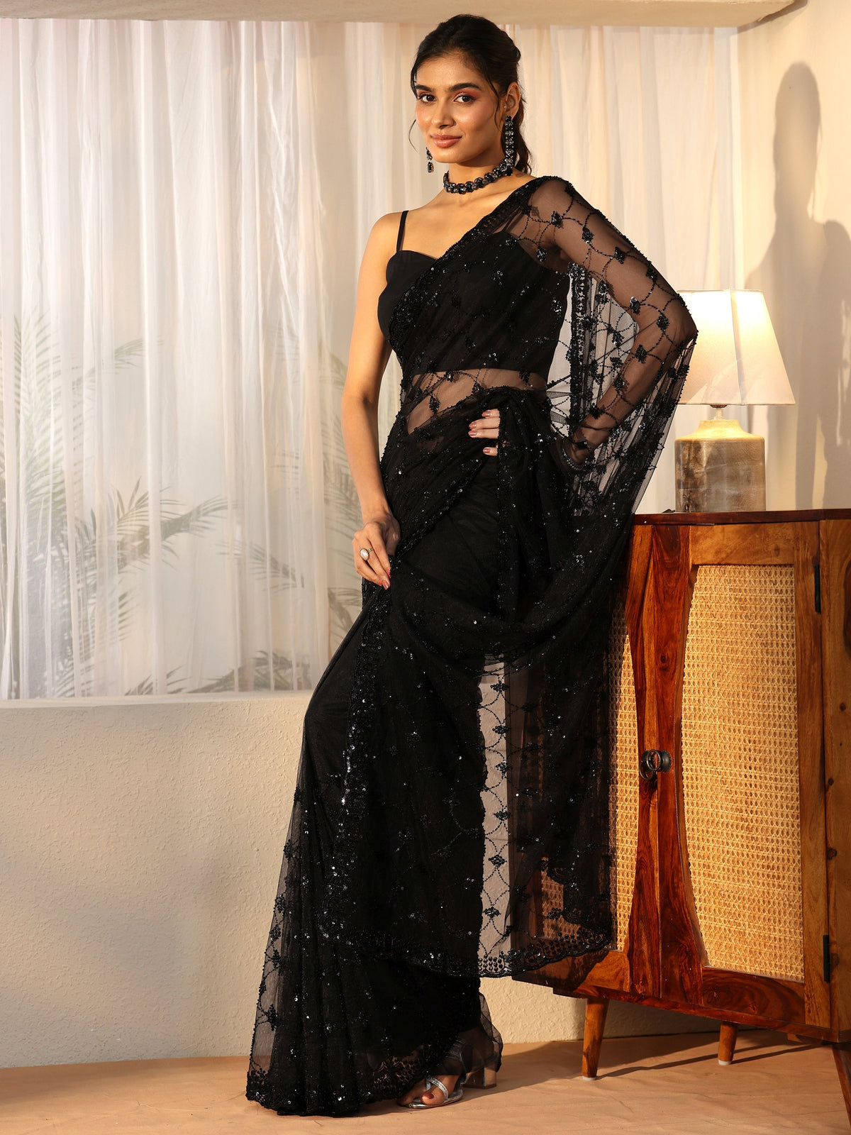 Anouk Black Sequin Embellished Net Saree