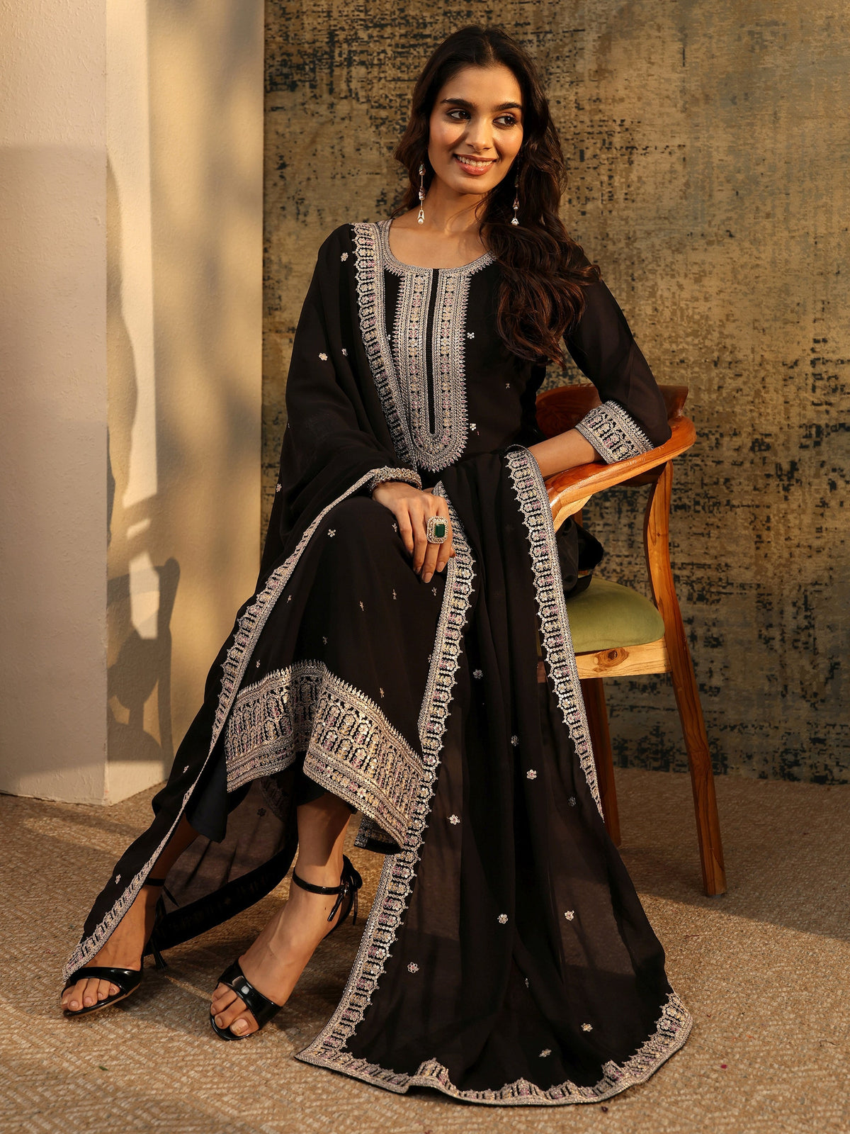 Anouk Black Sequins Embellished Georgette Straight Suit Set