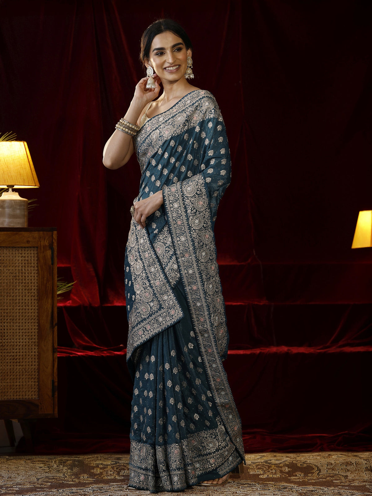 Anouk Blue Ethnic Motif Embroidered Satin Saree