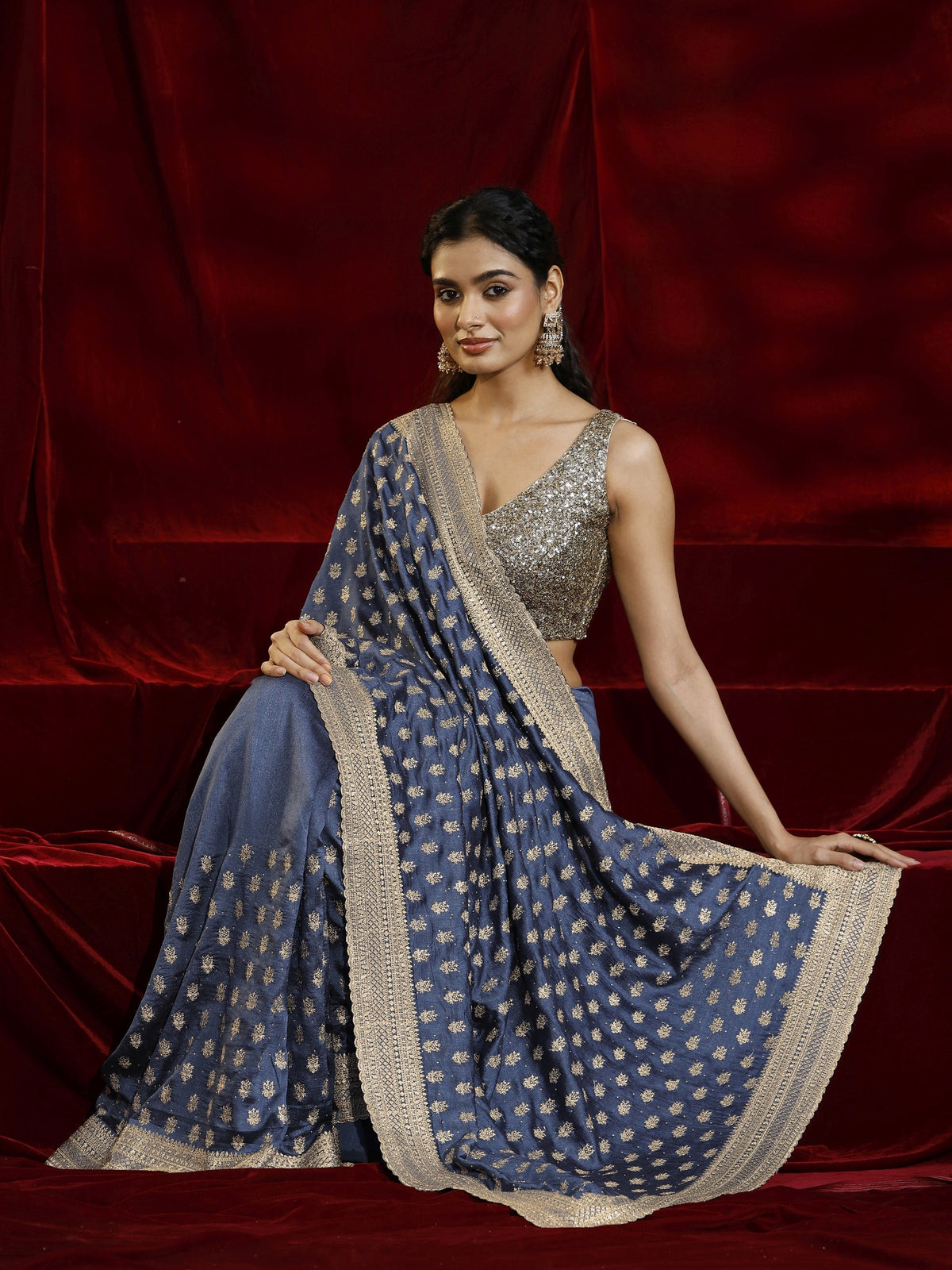 Anouk Blue Ethnic Motif Embroidered Silk blend Saree