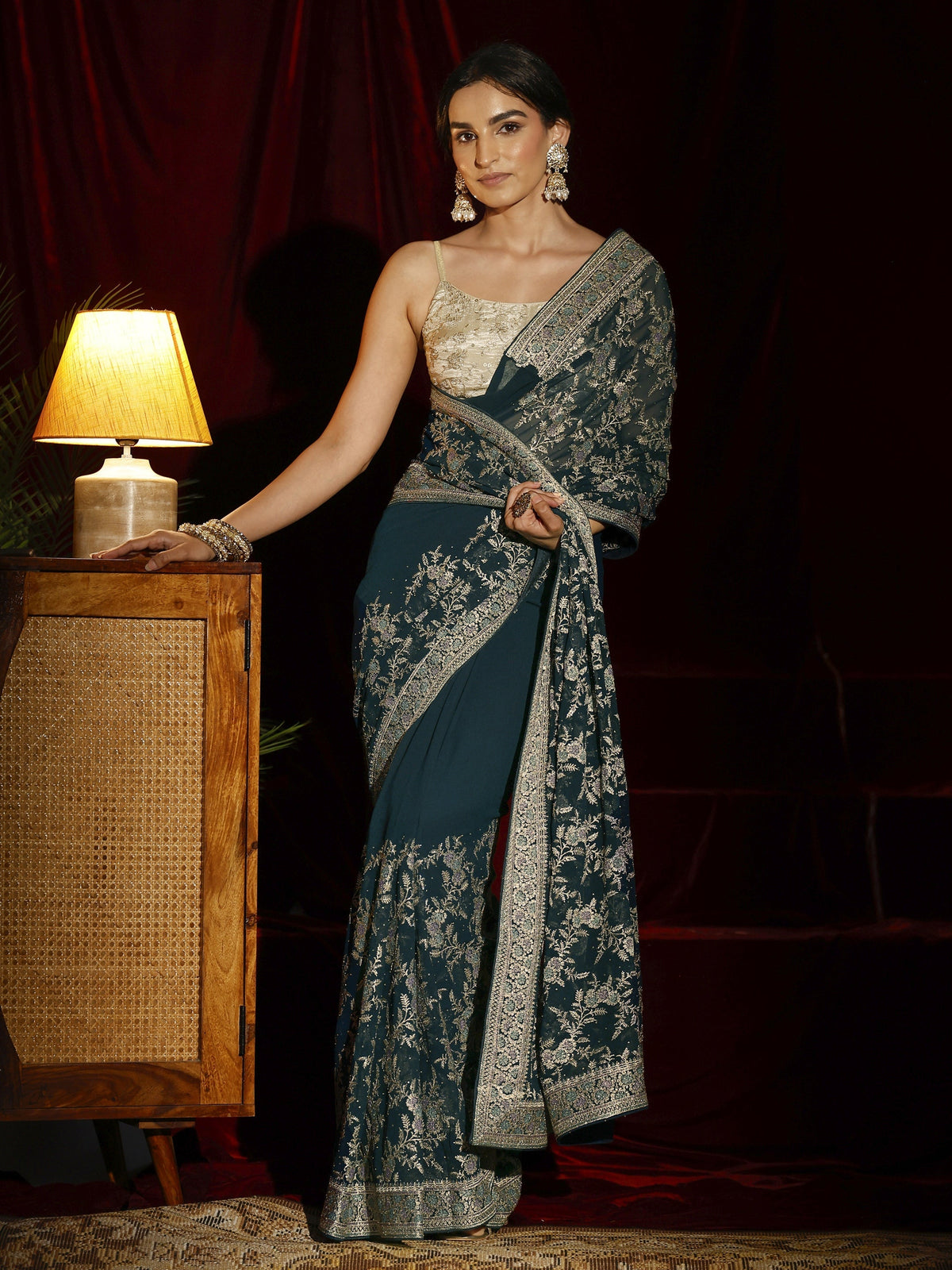 Anouk Blue Floral Embroidered Georgette Saree