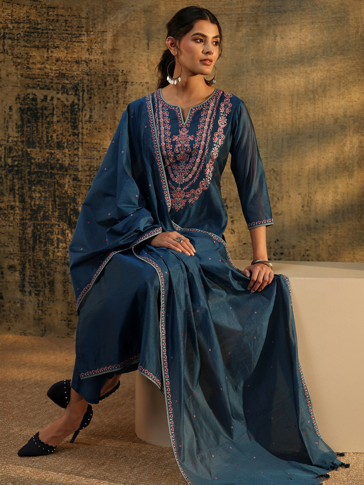 Anouk Blue Floral Embroidered Yoke Design Chanderi Silk Straight Suit Set