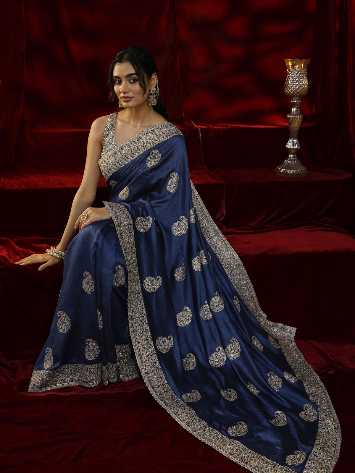 Anouk Blue Paisley Embroidered Silk blend Saree