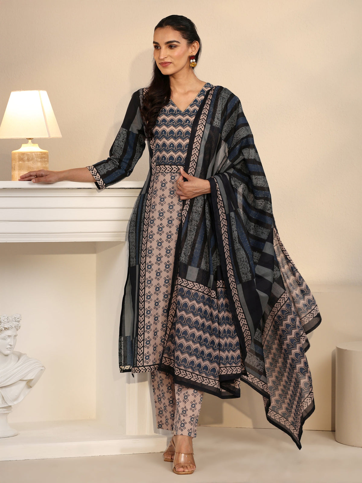 Anouk Blue Printed Cotton Straight Suit Set