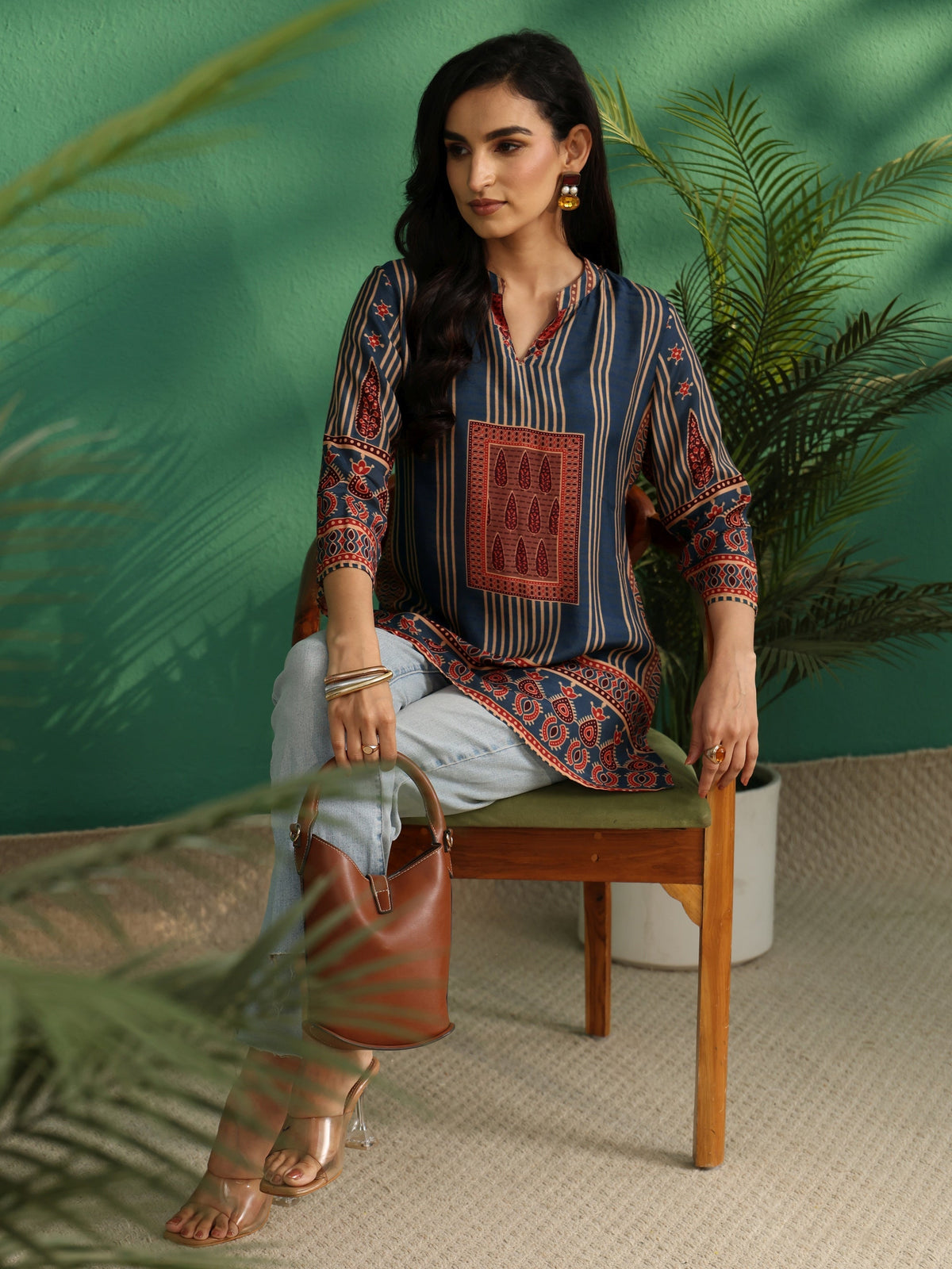 Anouk Blue Striped Silk Blend Short Kurti