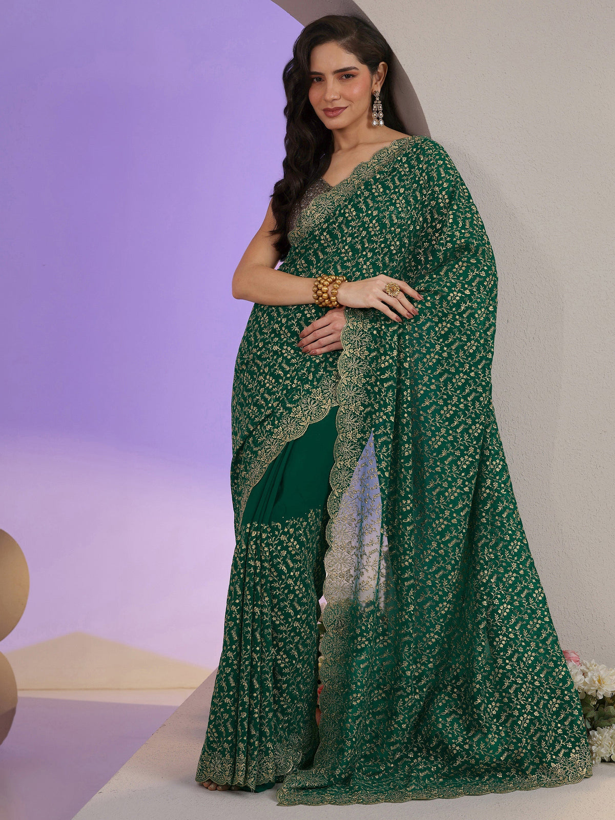 Anouk Bottle Green Floral Embroidered Georgette Saree
