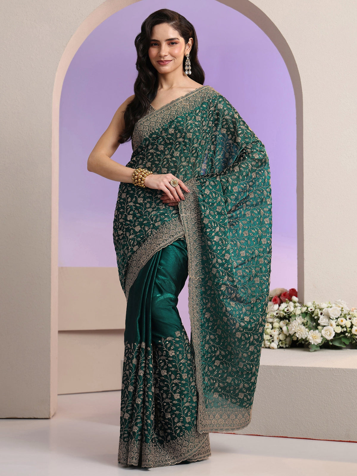 Anouk Bottle Green Floral Embroidered Georgette Saree