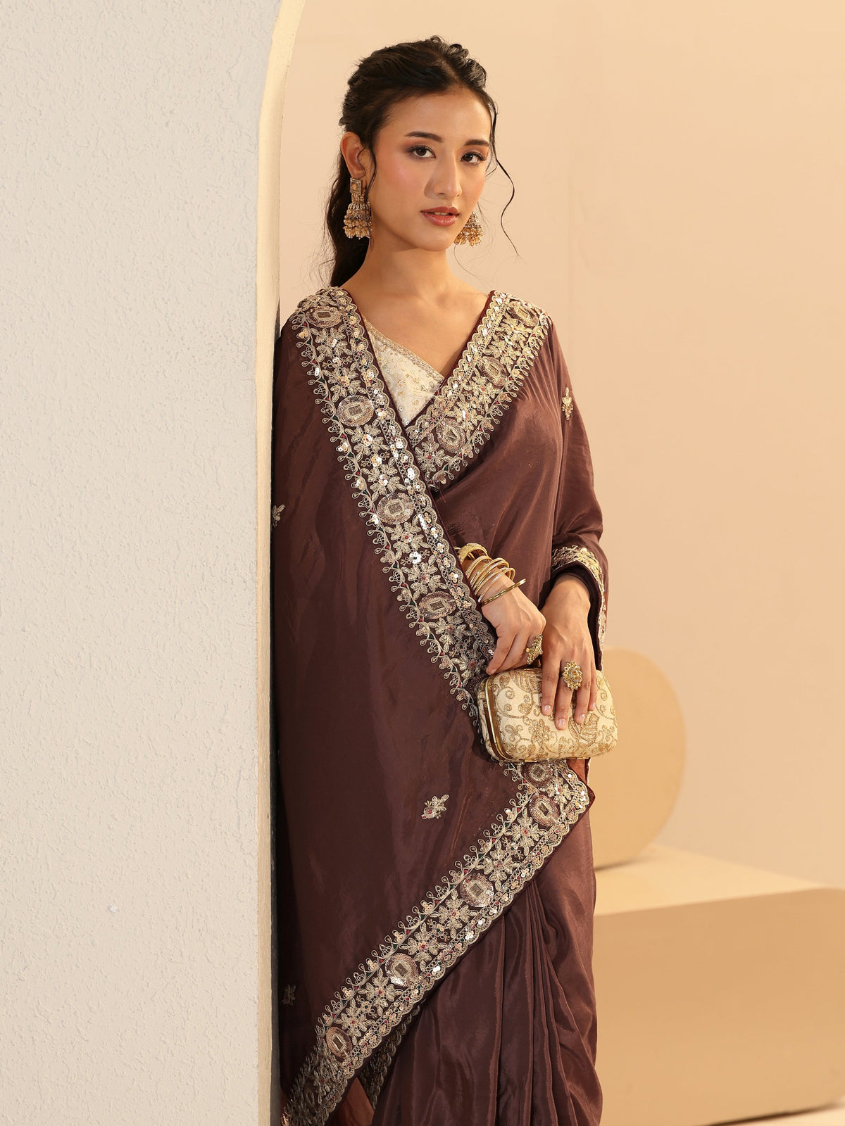 Anouk Brown Embroidered Silk Blend Saree