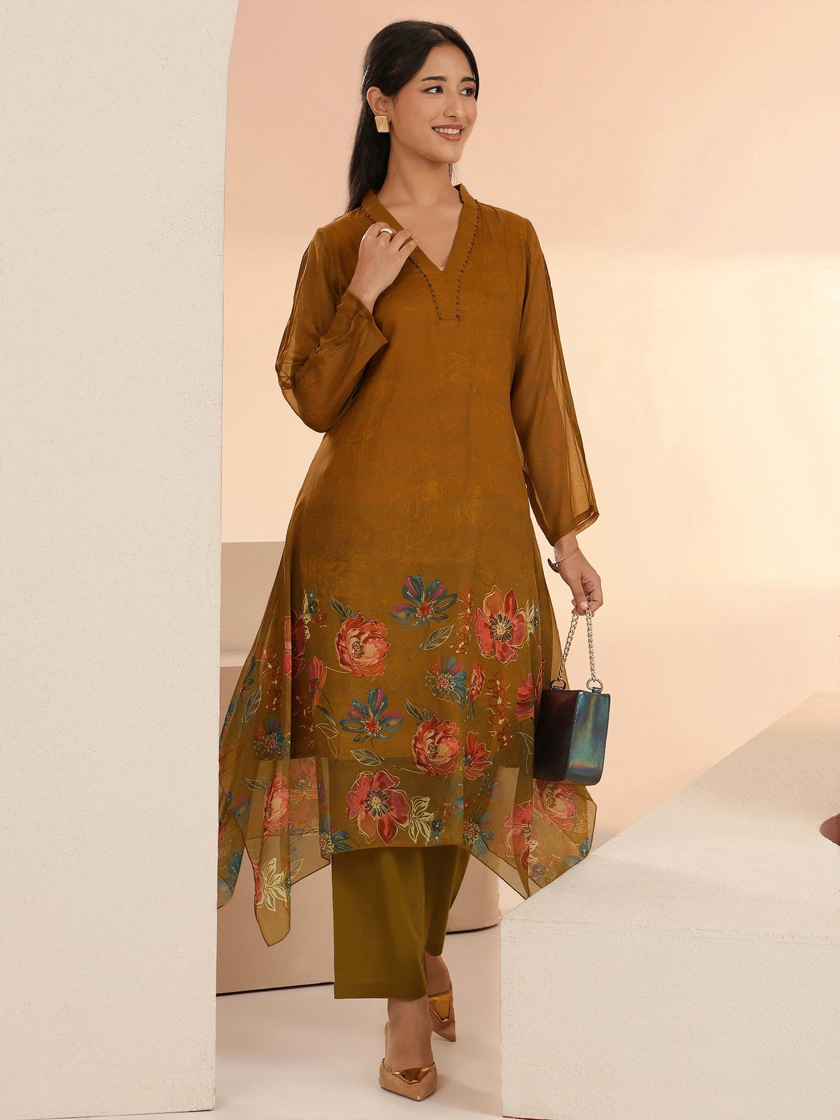 Anouk Brown Floral Printed Chiffon High Low Kurta Set