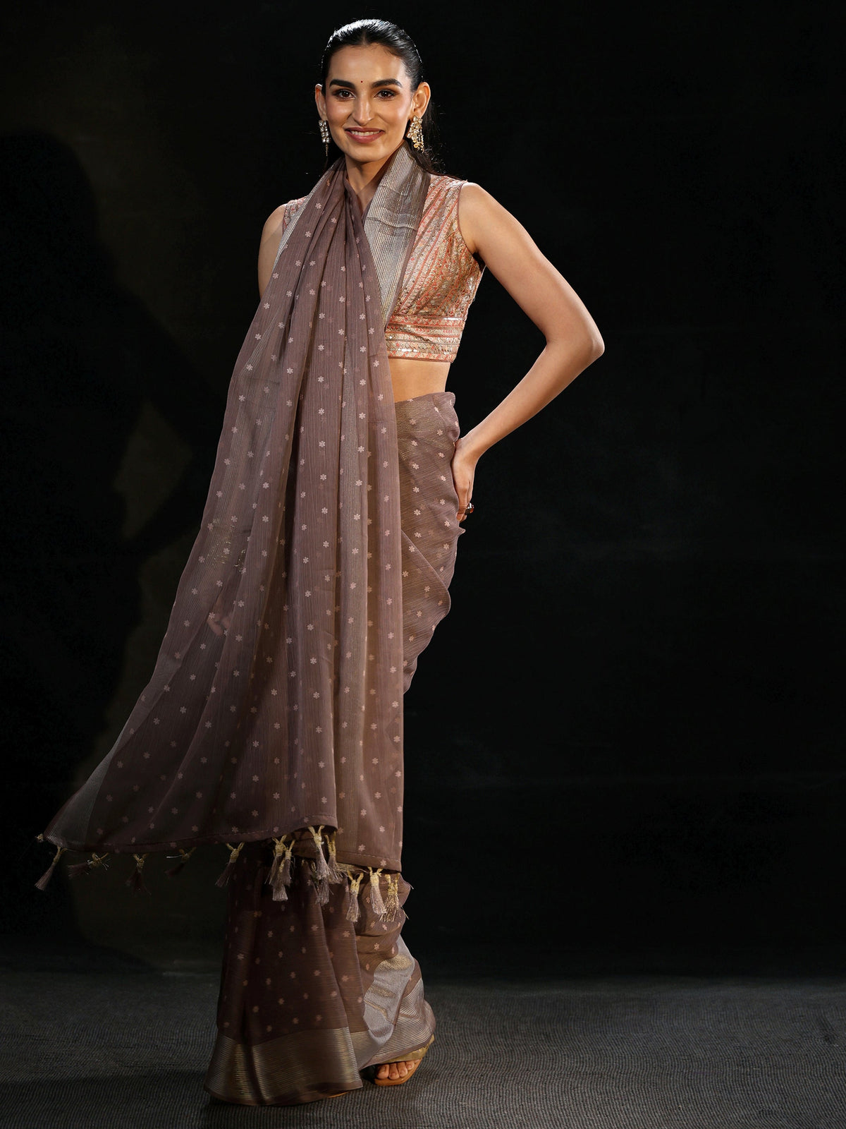 Anouk Brown Floral Printed Chiffon Saree