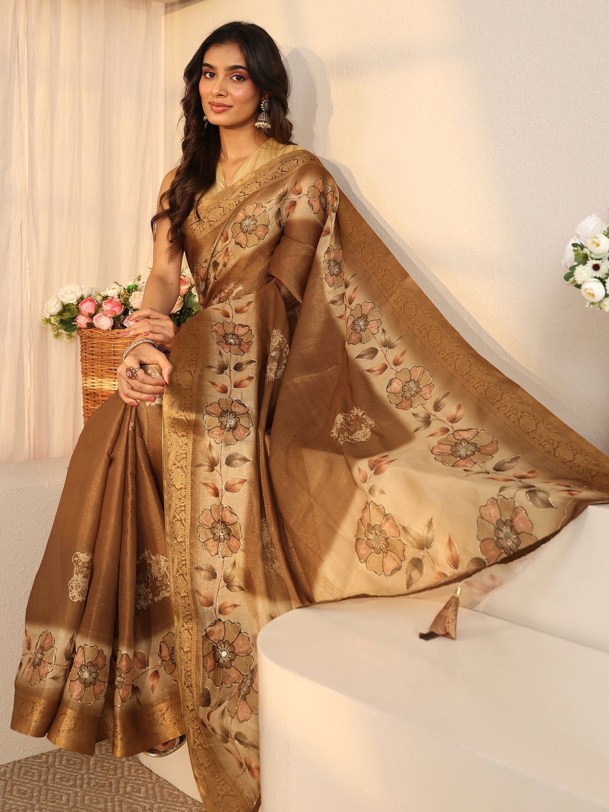 Anouk Brown Floral Printed Silk Blend Ombre Saree with Woven Border