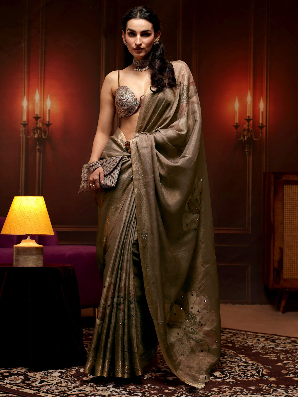 Anouk Brown Floral Printed Silk Blend Saree