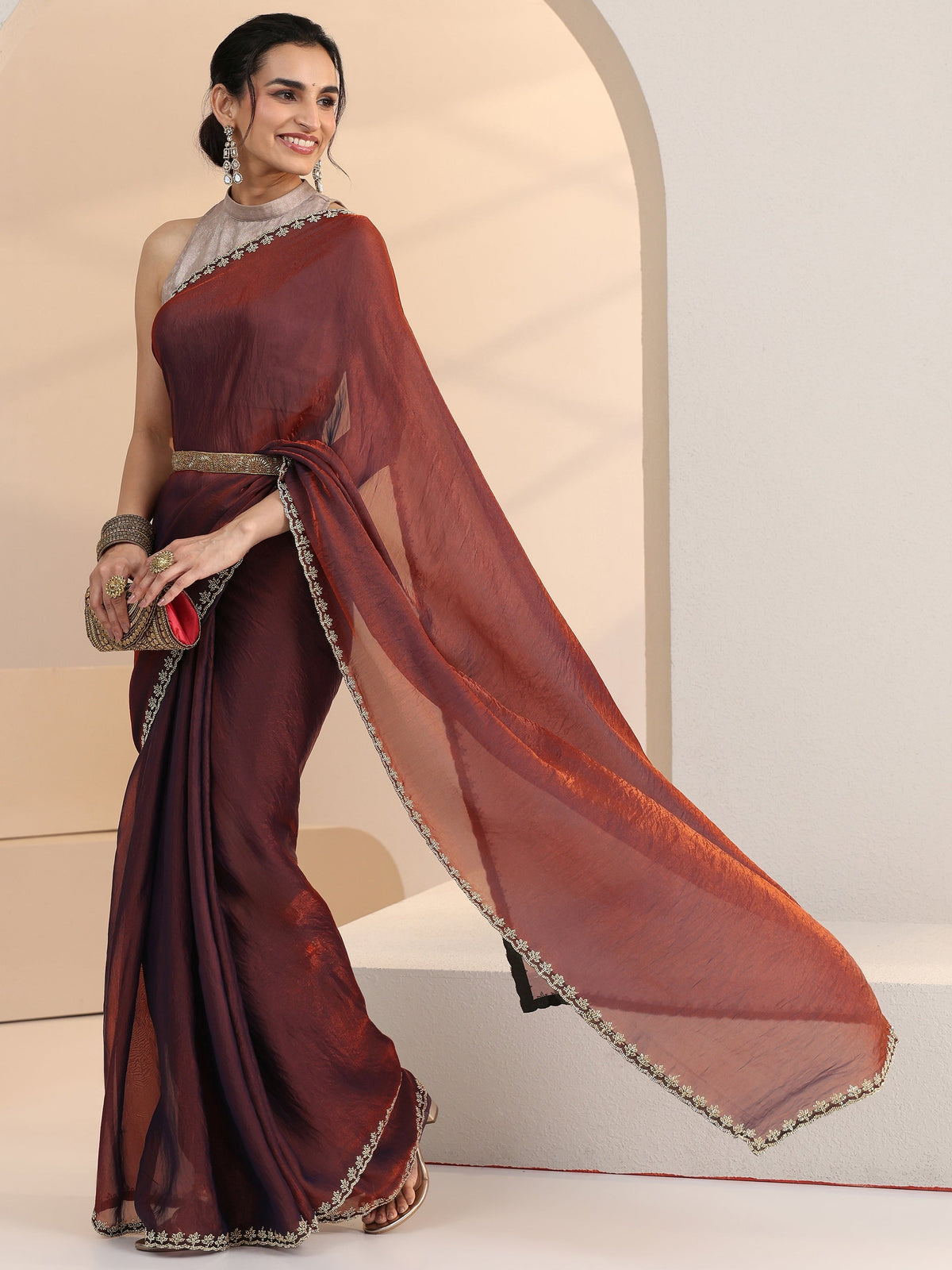 Anouk Brown Tissue Saree with Stone Work Border