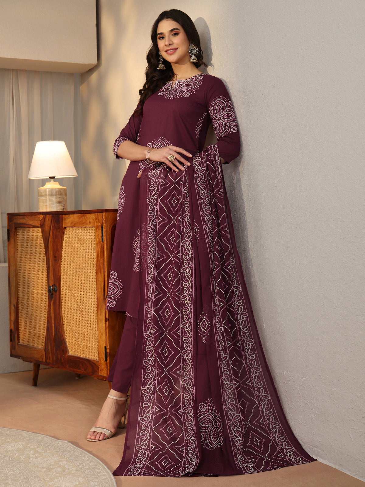 Anouk Burgundy Bandhani Printed Cotton Straight Suit Set