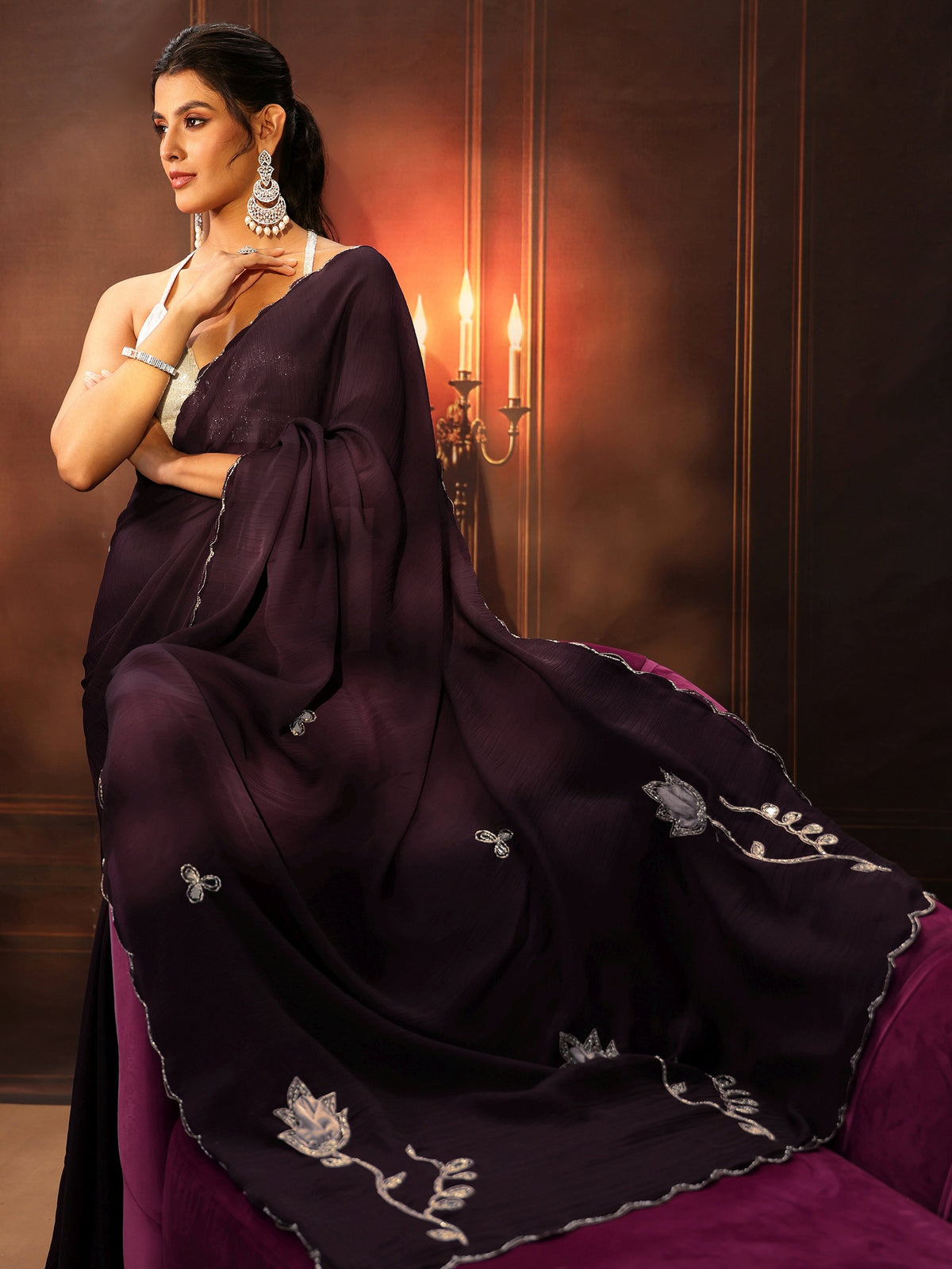 Anouk Burgundy Chiffon Saree with Floral Applique Design Pallu
