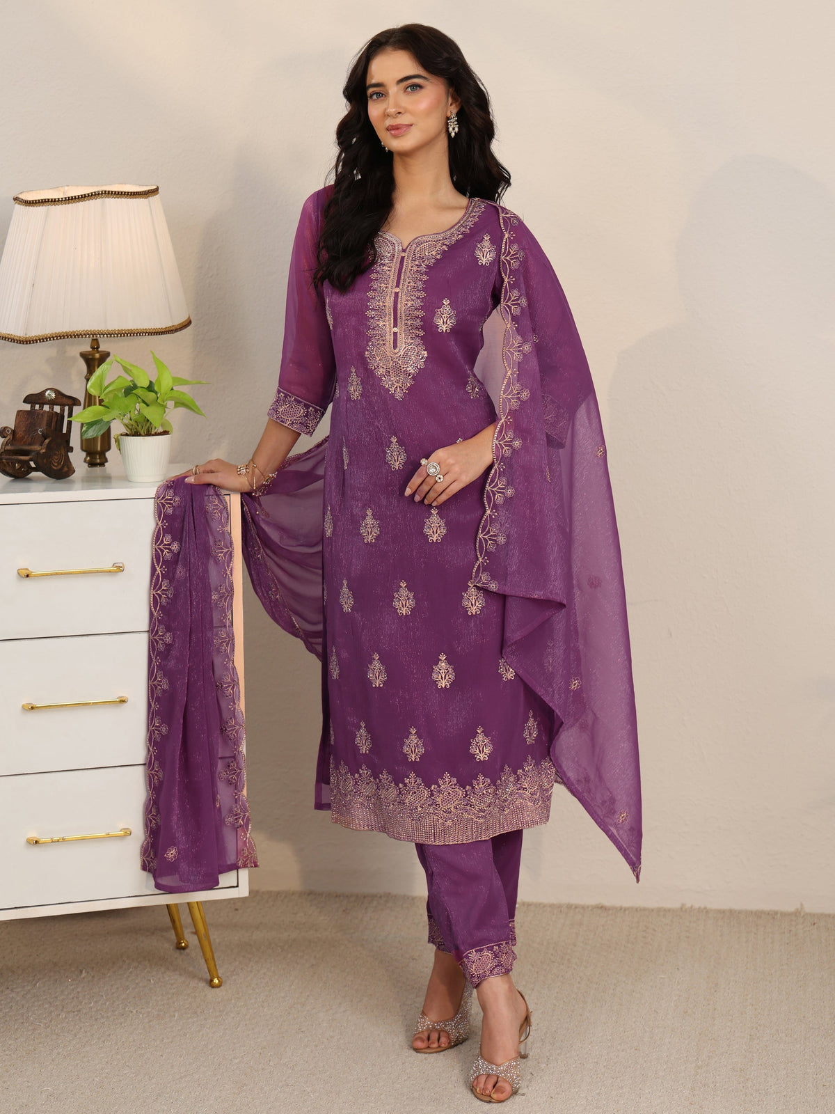 Anouk Burgundy Embroidered Chinon Straight Suit Set
