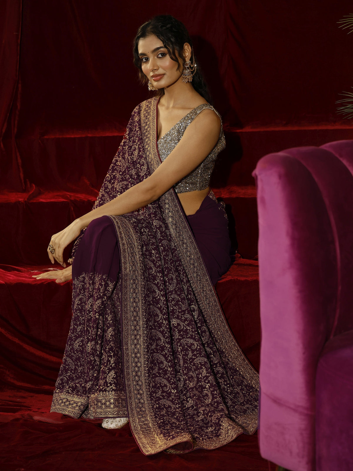 Anouk Burgundy Embroidered Georgette Saree
