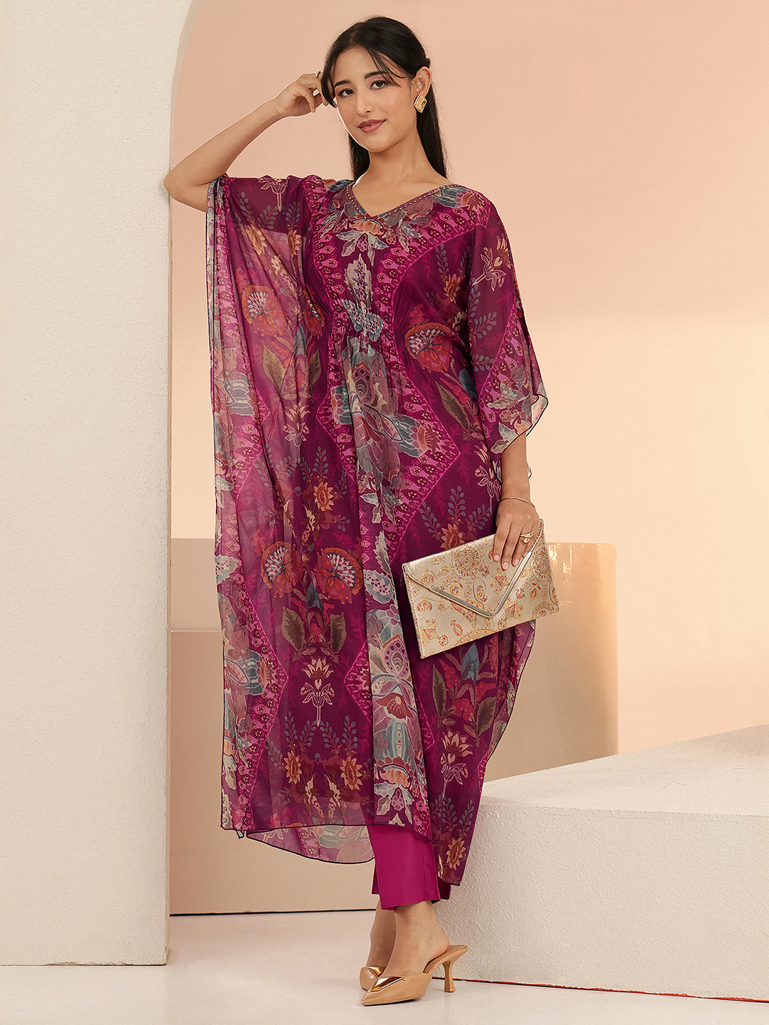 Anouk Burgundy Floral Printed 3 Piece Chiffon Kaftan Kurta Set
